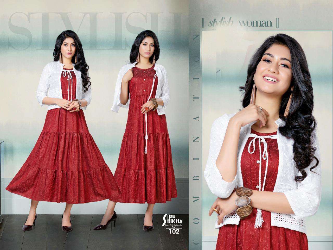NEW SHIKHA BY BEAUTY QUEEN 101 TO 108 SERIES DESIGNER STYLISH FANCY COLORFUL BEAUTIFUL PARTY WEAR & ETHNIC WEAR COLLECTION RAYON KURTIS WITH JACKETS AT WHOLESALE PRICE