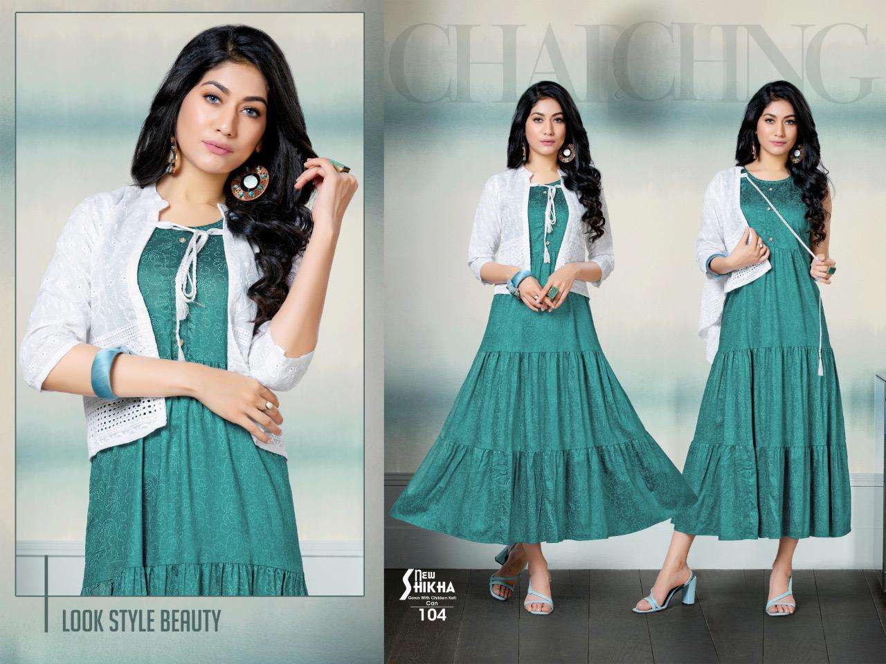 NEW SHIKHA BY BEAUTY QUEEN 101 TO 108 SERIES DESIGNER STYLISH FANCY COLORFUL BEAUTIFUL PARTY WEAR & ETHNIC WEAR COLLECTION RAYON KURTIS WITH JACKETS AT WHOLESALE PRICE