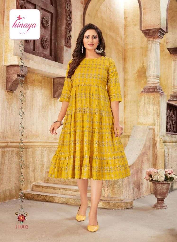 SAANJ VOL-3 BY HINAYA 11001 TO 11005 SERIES DESIGNER STYLISH FANCY COLORFUL BEAUTIFUL PARTY WEAR & ETHNIC WEAR COLLECTION RAYON SLUB KURTIS AT WHOLESALE PRICE