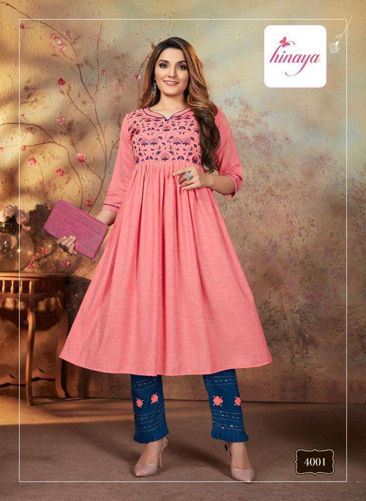 AASMA VOL-4 BY HINAYA 4001 TO 4007 SERIES DESIGNER STYLISH FANCY COLORFUL BEAUTIFUL PARTY WEAR & ETHNIC WEAR COLLECTION RAYON WITH WORK KURTIS WITH BOTTOM AT WHOLESALE PRICE