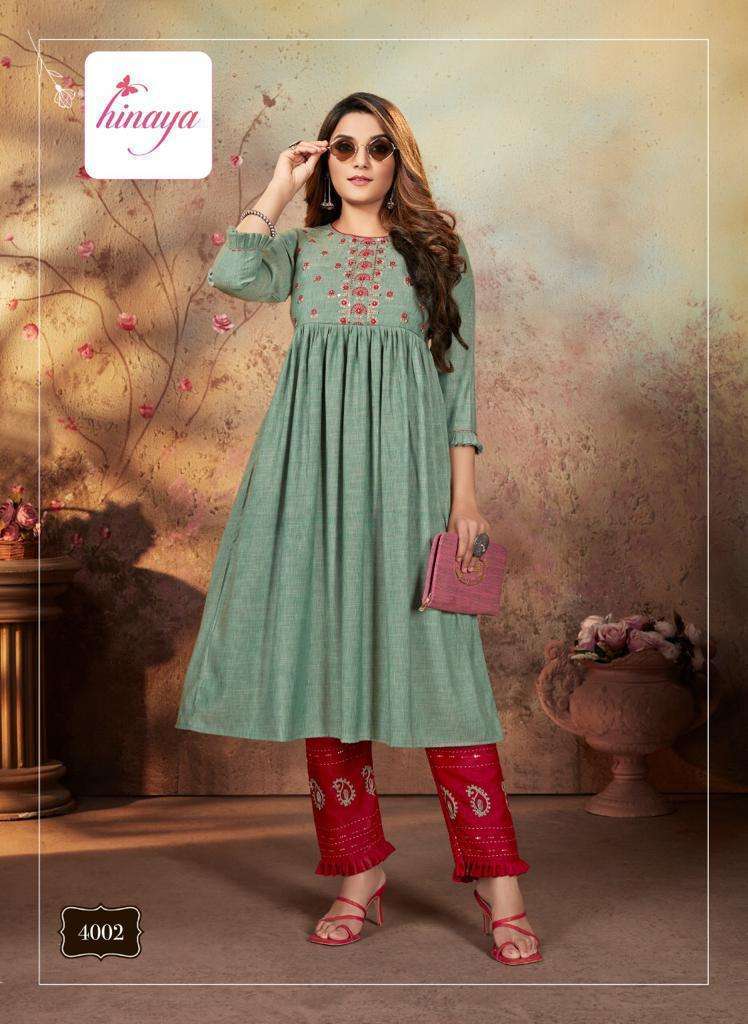 AASMA VOL-4 BY HINAYA 4001 TO 4007 SERIES DESIGNER STYLISH FANCY COLORFUL BEAUTIFUL PARTY WEAR & ETHNIC WEAR COLLECTION RAYON WITH WORK KURTIS WITH BOTTOM AT WHOLESALE PRICE