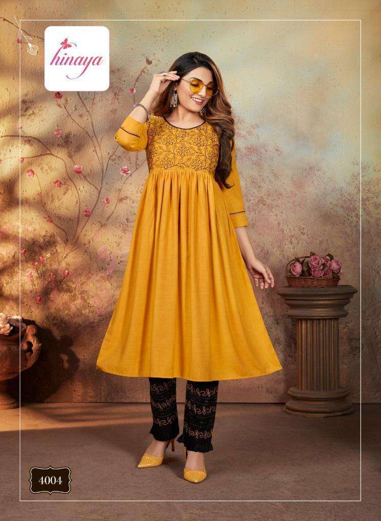 AASMA VOL-4 BY HINAYA 4001 TO 4007 SERIES DESIGNER STYLISH FANCY COLORFUL BEAUTIFUL PARTY WEAR & ETHNIC WEAR COLLECTION RAYON WITH WORK KURTIS WITH BOTTOM AT WHOLESALE PRICE