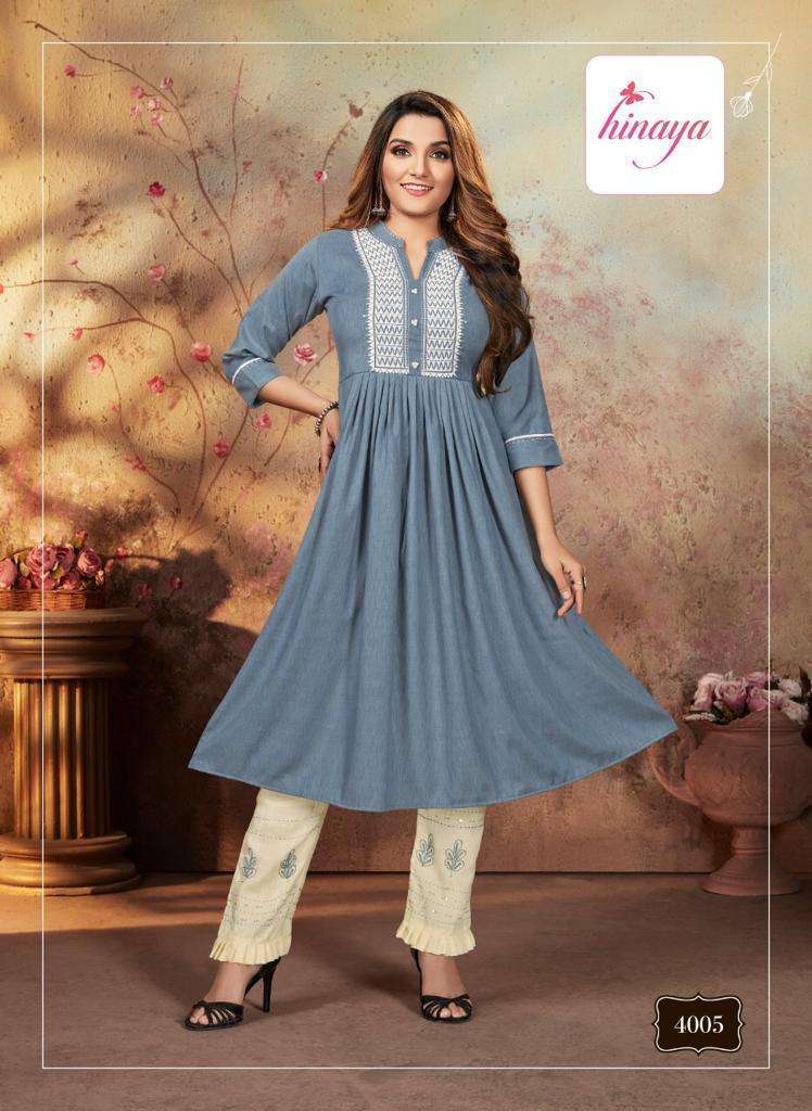 AASMA VOL-4 BY HINAYA 4001 TO 4007 SERIES DESIGNER STYLISH FANCY COLORFUL BEAUTIFUL PARTY WEAR & ETHNIC WEAR COLLECTION RAYON WITH WORK KURTIS WITH BOTTOM AT WHOLESALE PRICE