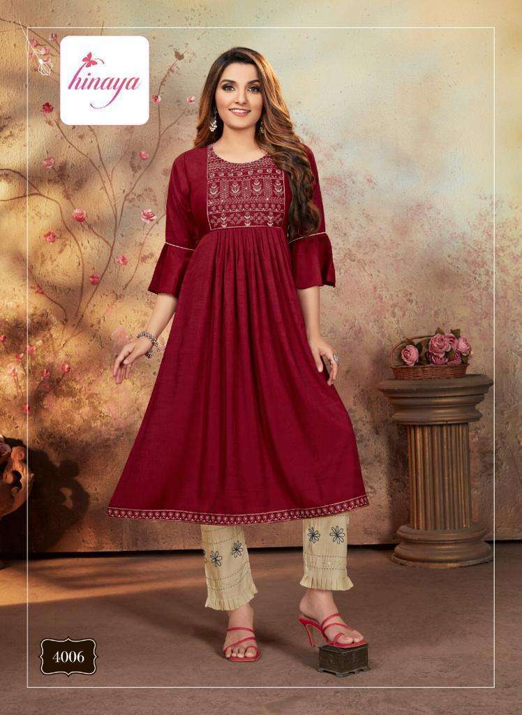 AASMA VOL-4 BY HINAYA 4001 TO 4007 SERIES DESIGNER STYLISH FANCY COLORFUL BEAUTIFUL PARTY WEAR & ETHNIC WEAR COLLECTION RAYON WITH WORK KURTIS WITH BOTTOM AT WHOLESALE PRICE