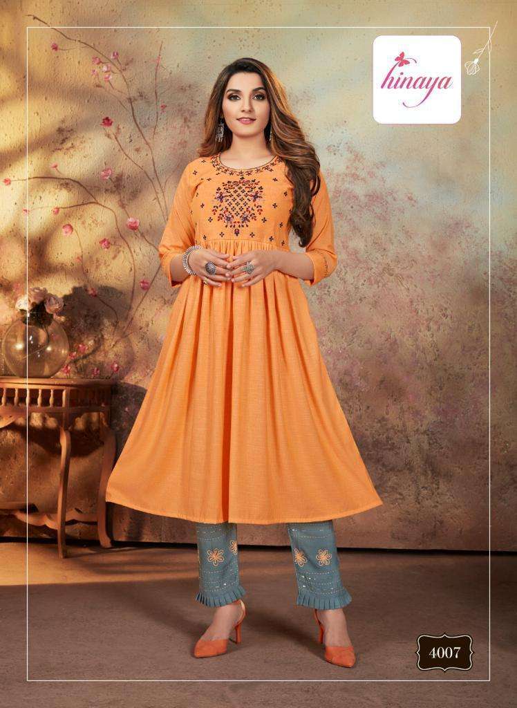 AASMA VOL-4 BY HINAYA 4001 TO 4007 SERIES DESIGNER STYLISH FANCY COLORFUL BEAUTIFUL PARTY WEAR & ETHNIC WEAR COLLECTION RAYON WITH WORK KURTIS WITH BOTTOM AT WHOLESALE PRICE