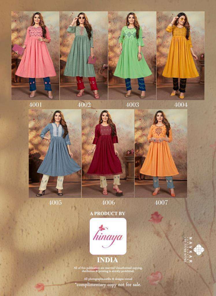 AASMA VOL-4 BY HINAYA 4001 TO 4007 SERIES DESIGNER STYLISH FANCY COLORFUL BEAUTIFUL PARTY WEAR & ETHNIC WEAR COLLECTION RAYON WITH WORK KURTIS WITH BOTTOM AT WHOLESALE PRICE