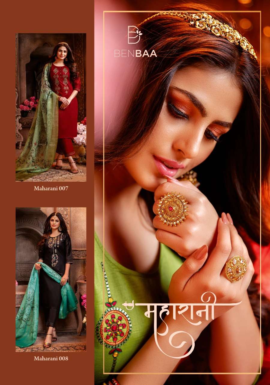 MAHARANI BY BENBAA 001 TO 008 SERIES BEAUTIFUL SUITS COLORFUL STYLISH FANCY CASUAL WEAR & ETHNIC WEAR CHANDERI SILK WITH THREAD WORK DRESSES AT WHOLESALE PRICE