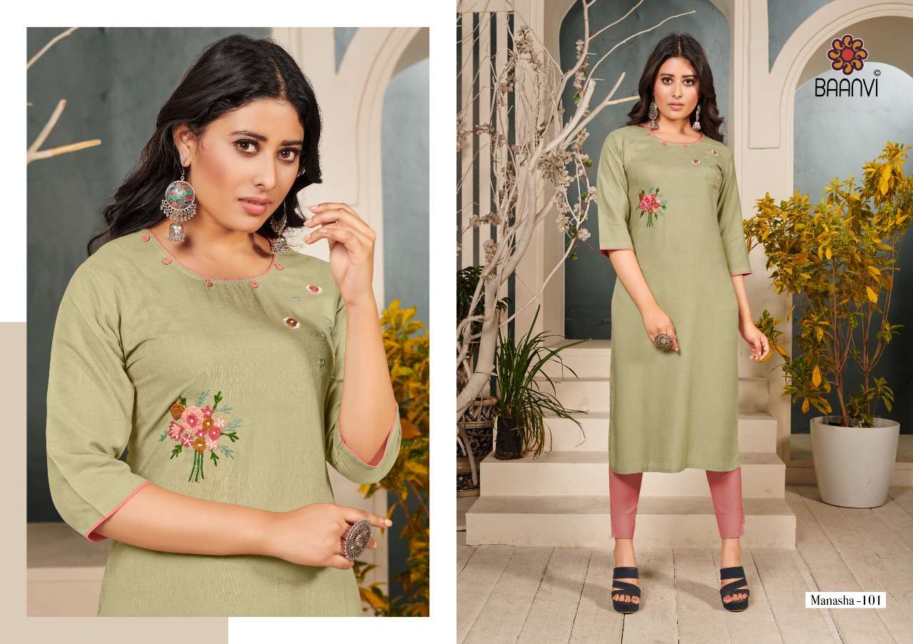 MANASHA VOL-1 BY BAANVI 101 TO 108 SERIES DESIGNER STYLISH FANCY COLORFUL BEAUTIFUL PARTY WEAR & ETHNIC WEAR COLLECTION RAYON EMBROIDERY KURTIS AT WHOLESALE PRICE