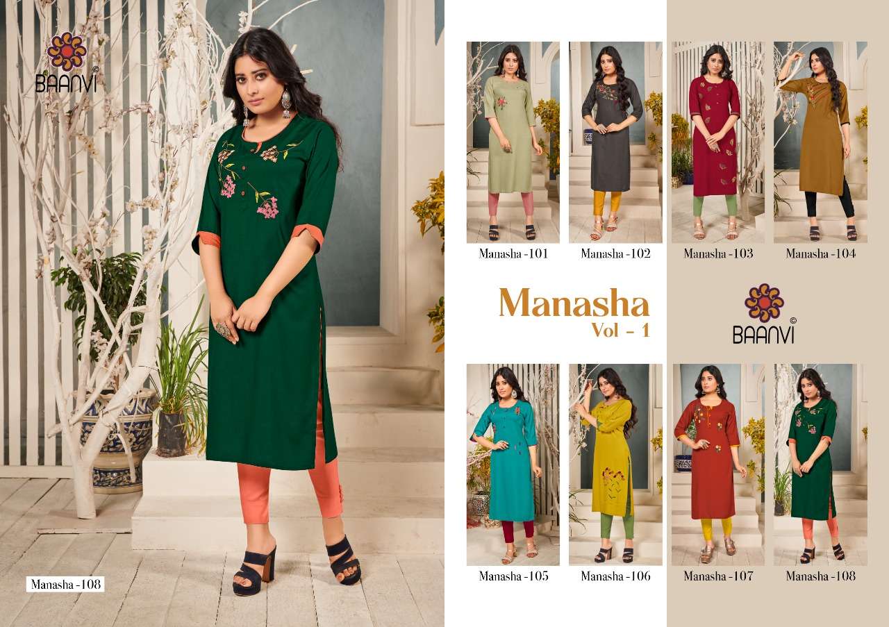 MANASHA VOL-1 BY BAANVI 101 TO 108 SERIES DESIGNER STYLISH FANCY COLORFUL BEAUTIFUL PARTY WEAR & ETHNIC WEAR COLLECTION RAYON EMBROIDERY KURTIS AT WHOLESALE PRICE