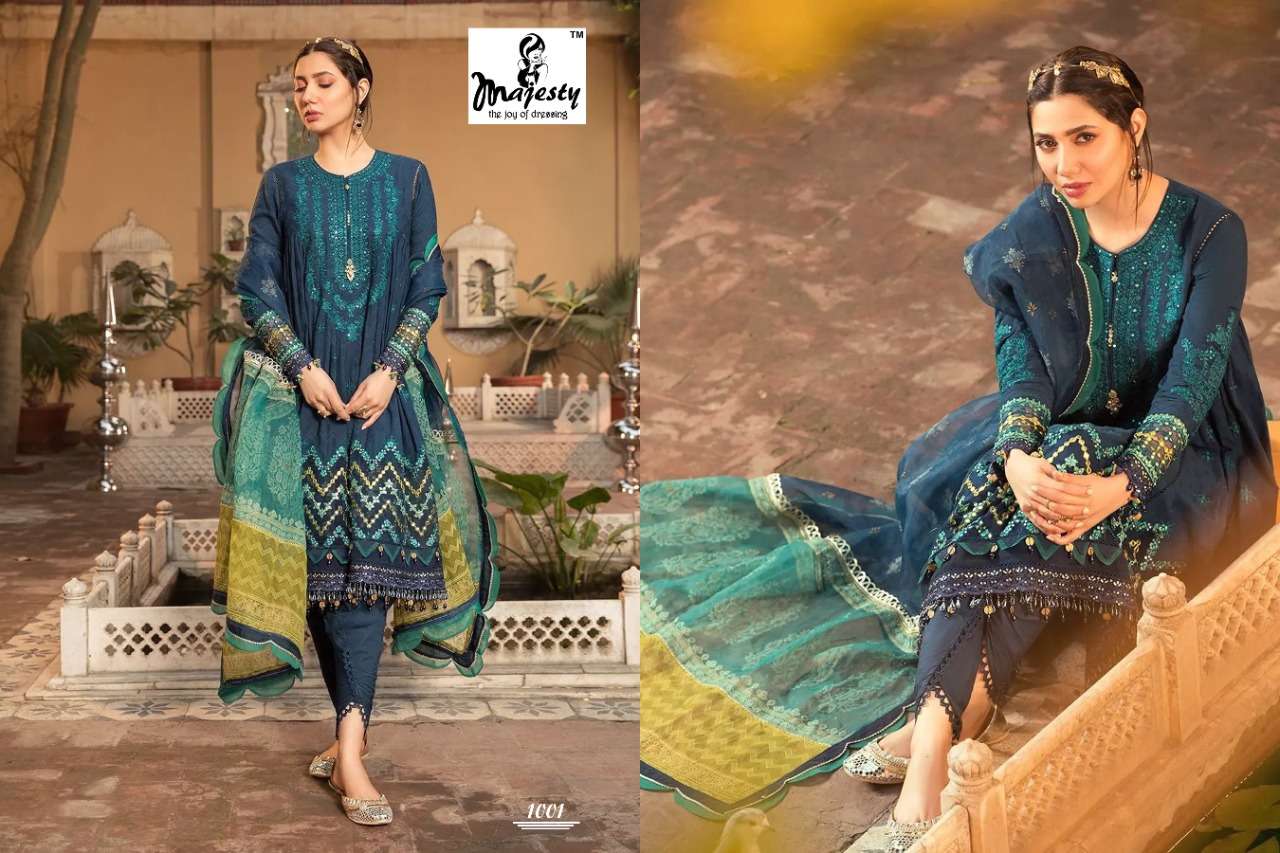 MARIA VOL-14 BY MAJESTY 1001 TO 1006 SERIES DESIGNER PAKISTANI WEAR COLLECTION BEAUTIFUL STYLISH FANCY COLORFUL PARTY WEAR & OCCASIONAL WEAR PURE COTTON DIGITAL PRINT WITH EMBROIDERED DRESSES AT WHOLESALE PRICE