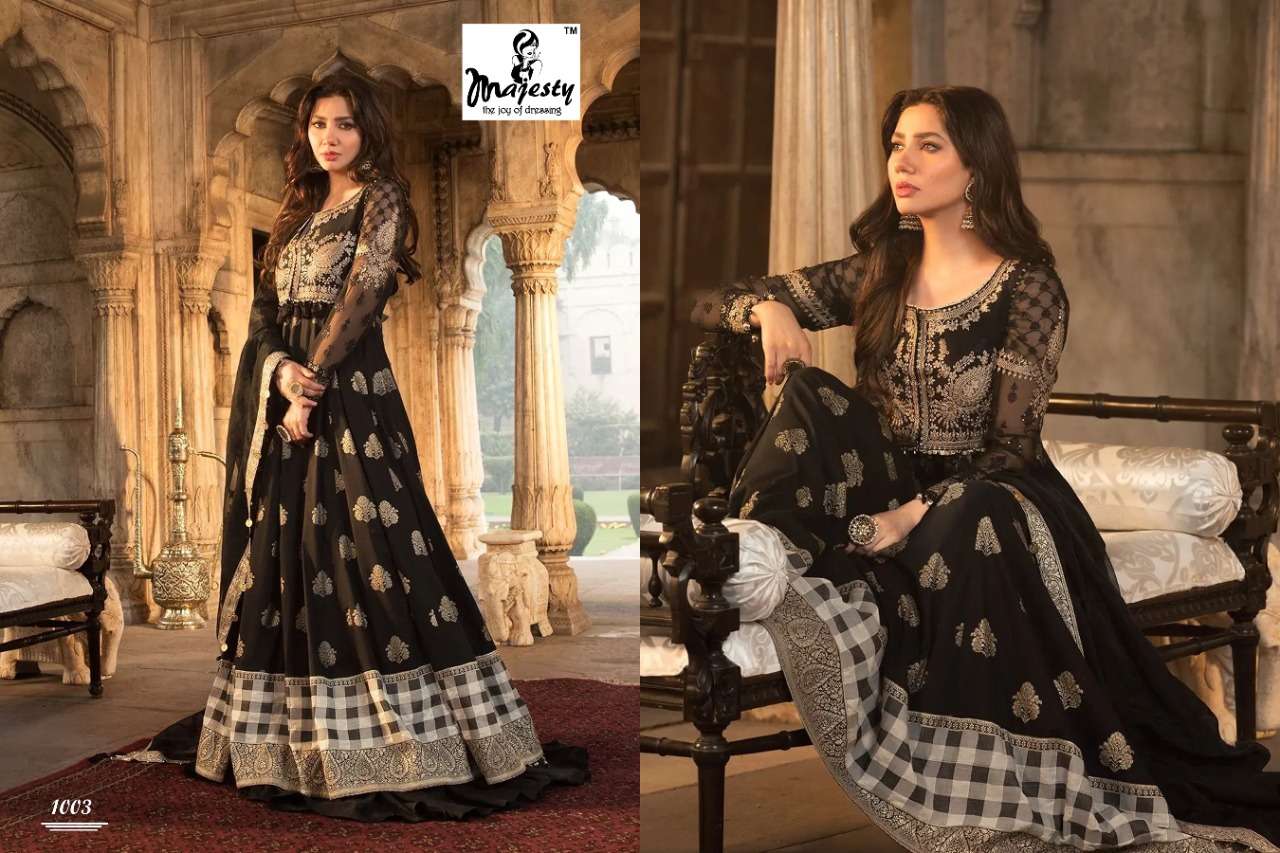 MARIA VOL-14 BY MAJESTY 1001 TO 1006 SERIES DESIGNER PAKISTANI WEAR COLLECTION BEAUTIFUL STYLISH FANCY COLORFUL PARTY WEAR & OCCASIONAL WEAR PURE COTTON DIGITAL PRINT WITH EMBROIDERED DRESSES AT WHOLESALE PRICE