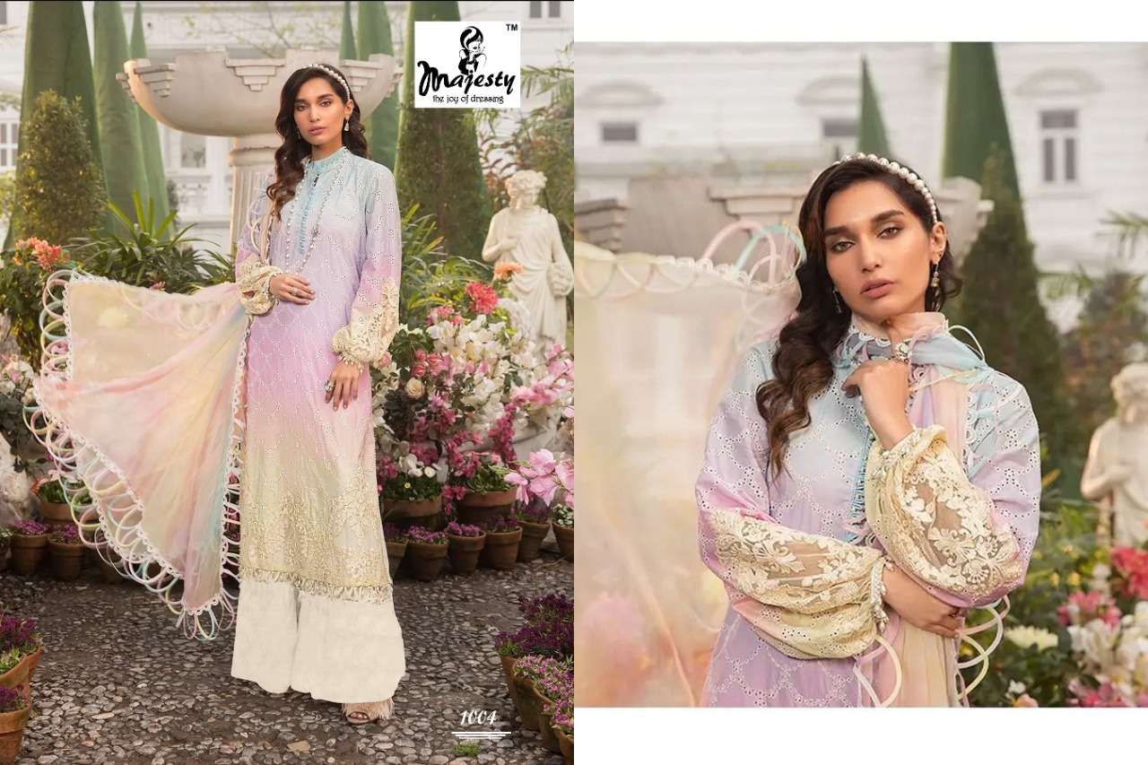 MARIA VOL-14 BY MAJESTY 1001 TO 1006 SERIES DESIGNER PAKISTANI WEAR COLLECTION BEAUTIFUL STYLISH FANCY COLORFUL PARTY WEAR & OCCASIONAL WEAR PURE COTTON DIGITAL PRINT WITH EMBROIDERED DRESSES AT WHOLESALE PRICE