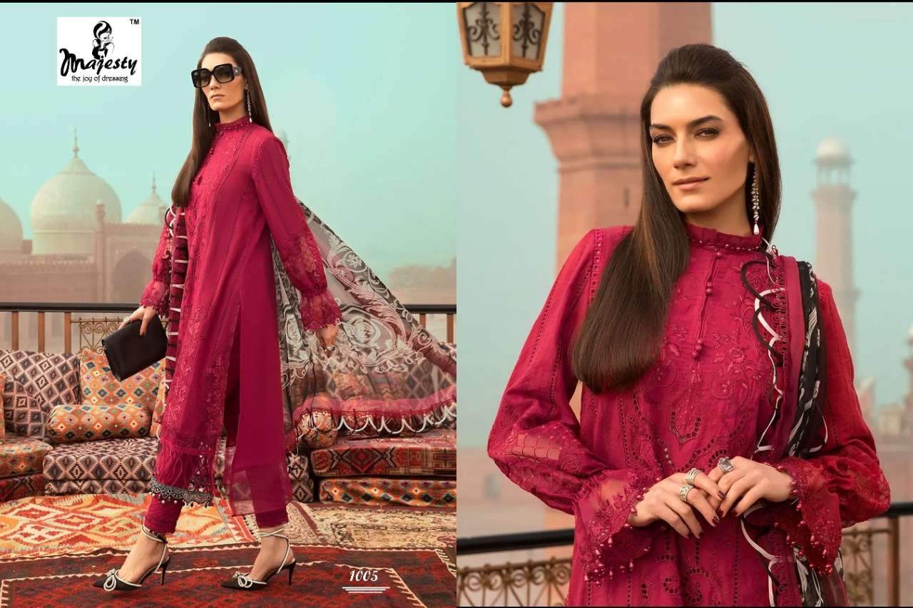 MARIA VOL-14 BY MAJESTY 1001 TO 1006 SERIES DESIGNER PAKISTANI WEAR COLLECTION BEAUTIFUL STYLISH FANCY COLORFUL PARTY WEAR & OCCASIONAL WEAR PURE COTTON DIGITAL PRINT WITH EMBROIDERED DRESSES AT WHOLESALE PRICE
