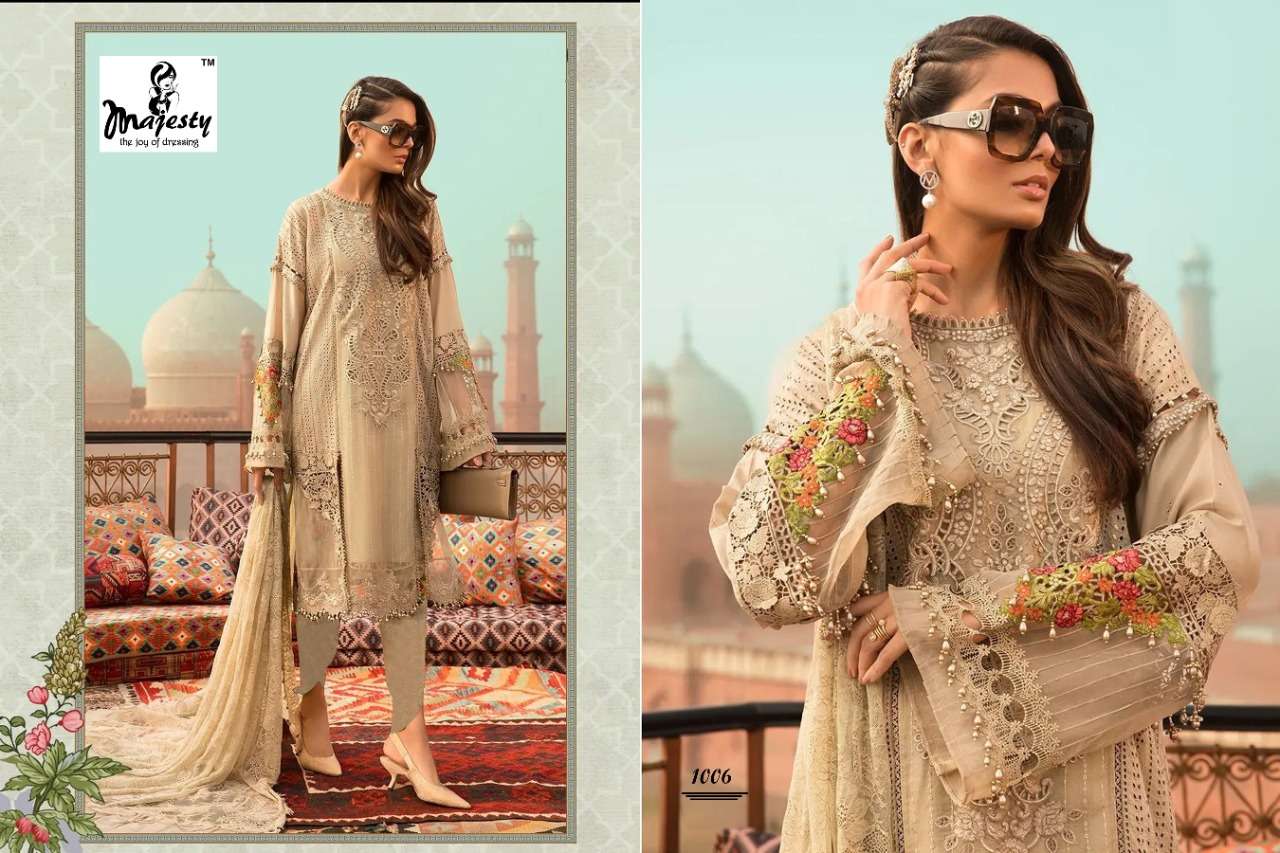 MARIA VOL-14 BY MAJESTY 1001 TO 1006 SERIES DESIGNER PAKISTANI WEAR COLLECTION BEAUTIFUL STYLISH FANCY COLORFUL PARTY WEAR & OCCASIONAL WEAR PURE COTTON DIGITAL PRINT WITH EMBROIDERED DRESSES AT WHOLESALE PRICE