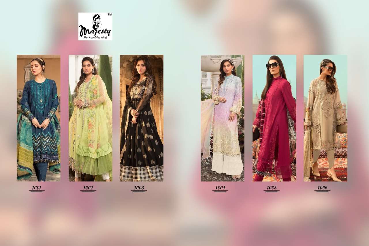 MARIA VOL-14 BY MAJESTY 1001 TO 1006 SERIES DESIGNER PAKISTANI WEAR COLLECTION BEAUTIFUL STYLISH FANCY COLORFUL PARTY WEAR & OCCASIONAL WEAR PURE COTTON DIGITAL PRINT WITH EMBROIDERED DRESSES AT WHOLESALE PRICE