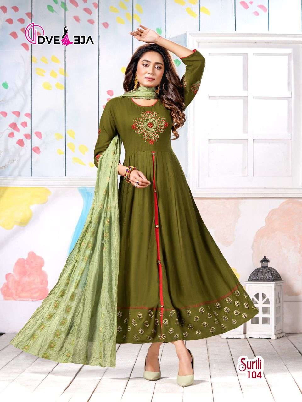 SURILI BY DVEEJA 101 TO 108 SERIES BEAUTIFUL STYLISH FANCY COLORFUL CASUAL WEAR & ETHNIC WEAR HEAVY RAYON EMBROIDERED GOWNS WITH DUPATTA AT WHOLESALE PRICE