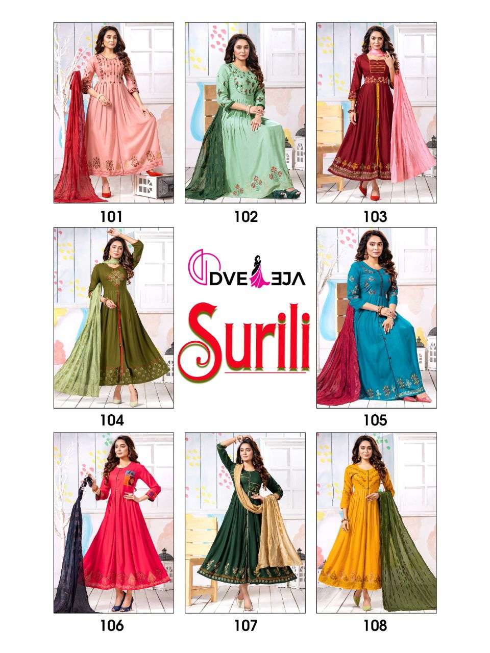 SURILI BY DVEEJA 101 TO 108 SERIES BEAUTIFUL STYLISH FANCY COLORFUL CASUAL WEAR & ETHNIC WEAR HEAVY RAYON EMBROIDERED GOWNS WITH DUPATTA AT WHOLESALE PRICE