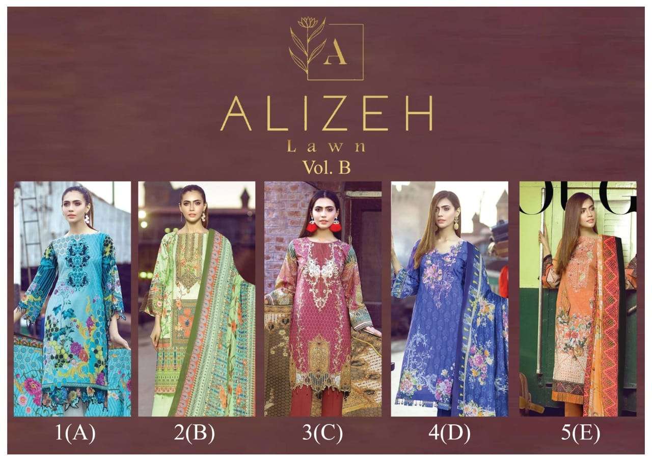 ALIZEH LAWN VOL.B BY FASHID WHOLESALE 1 TO 5 SERIES BEAUTIFUL SUITS COLORFUL STYLISH FANCY CASUAL WEAR & ETHNIC WEAR PURE LAWN DRESSES AT WHOLESALE PRICE