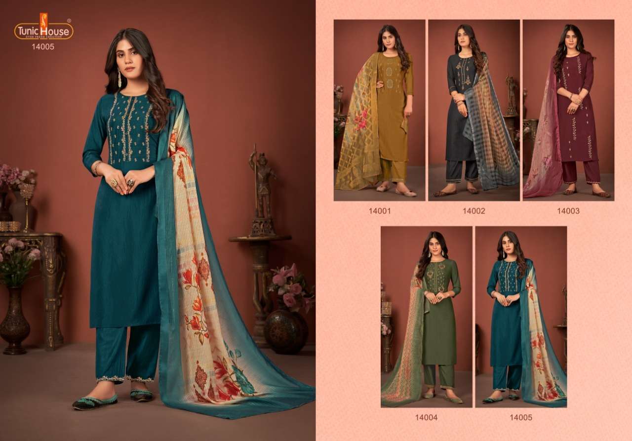 HASEENA BY TUNIC HOUSE 14001 TO 14005 SERIES BEAUTIFUL SUITS COLORFUL STYLISH FANCY CASUAL WEAR & ETHNIC WEAR SOFT SILK EMBROIDERED DRESSES AT WHOLESALE PRICE