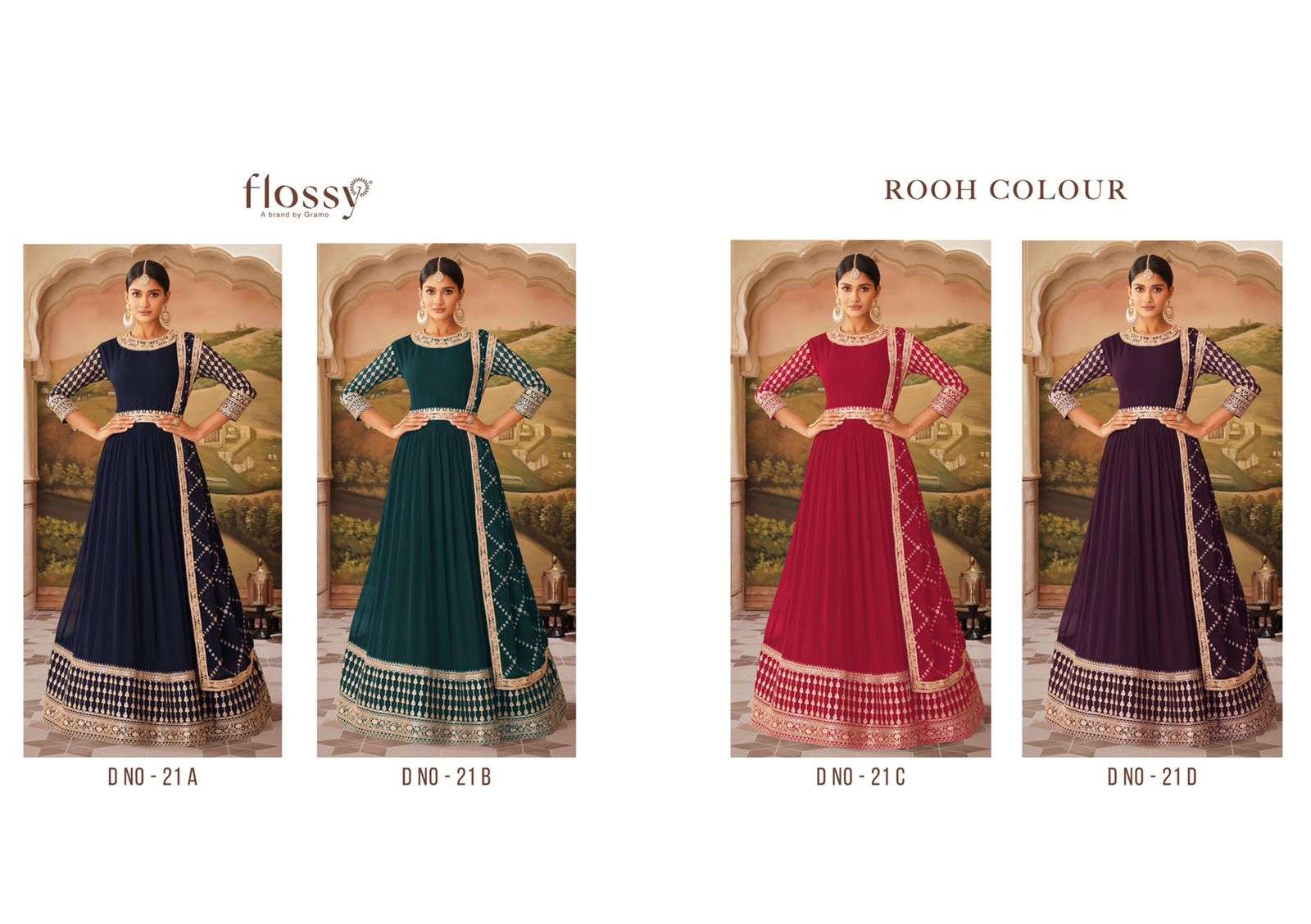 ROOH COLOUR BY FLOSSY 21-A TO 21-D SERIES BEAUTIFUL ANARKALI SUITS COLORFUL STYLISH FANCY CASUAL WEAR & ETHNIC WEAR HEAVY REAL GEORGETTE DRESSES AT WHOLESALE PRICE