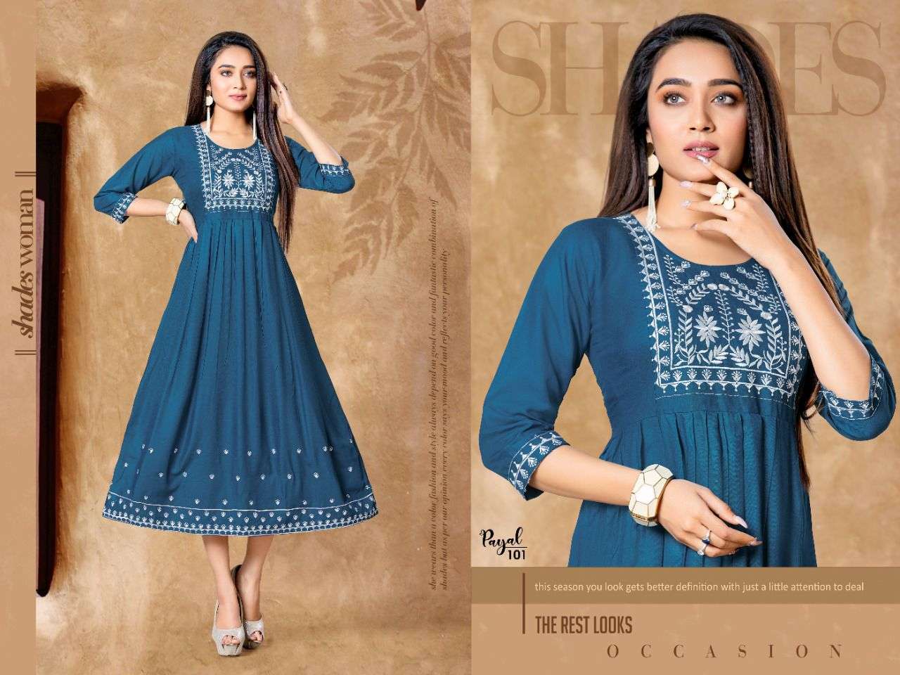 PAYAL BY BEAUTY QUEEN 101 TO 108 SERIES DESIGNER STYLISH FANCY COLORFUL BEAUTIFUL PARTY WEAR & ETHNIC WEAR COLLECTION RAYON EMBROIDERY KURTIS AT WHOLESALE PRICE