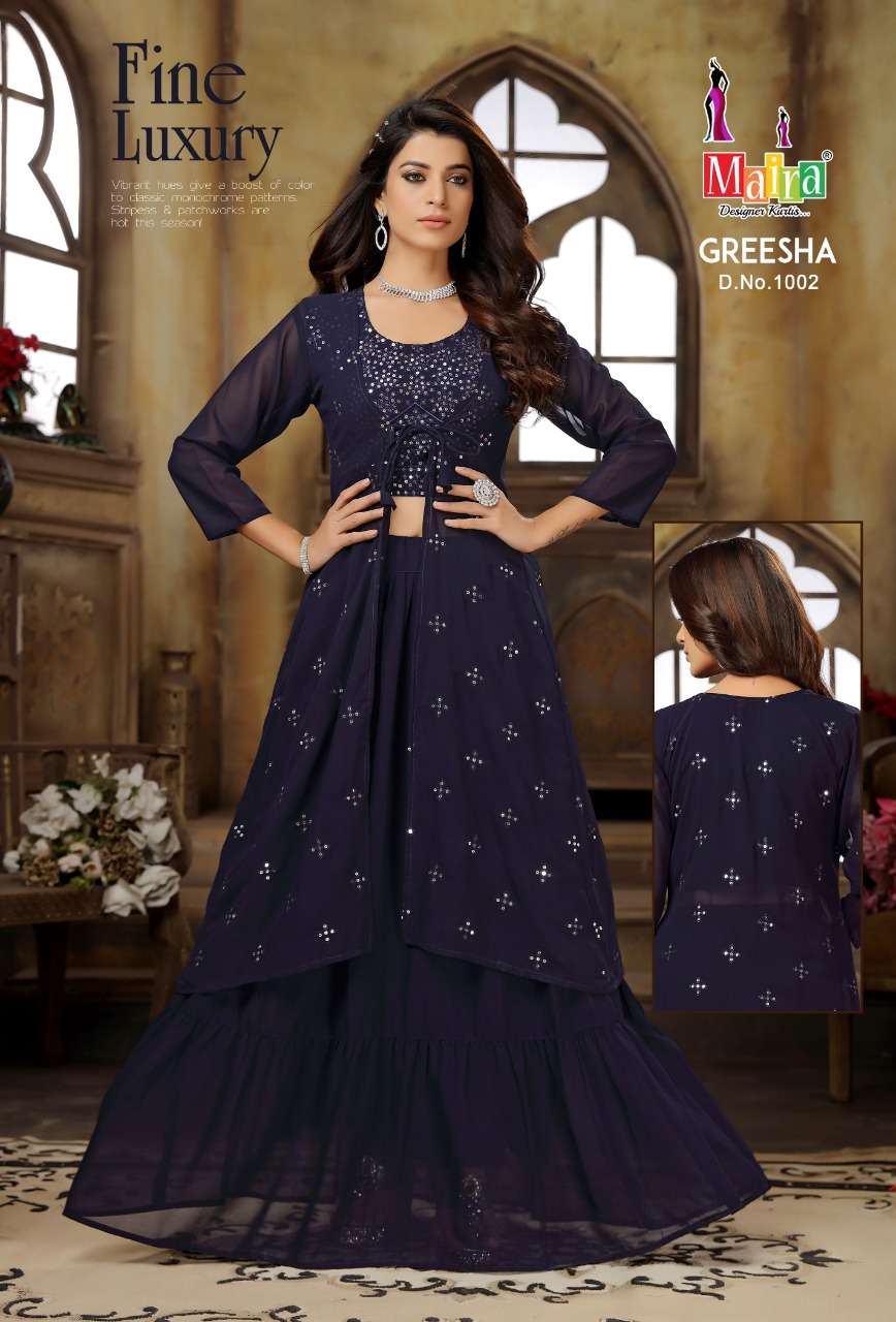 GREESHA BY MAIRA 1001 TO 1006 SERIES DESIGNER STYLISH FANCY COLORFUL BEAUTIFUL PARTY WEAR & ETHNIC WEAR COLLECTION HEAVY GEORGETTE TOPS WITH BOTTOM AT WHOLESALE PRICE