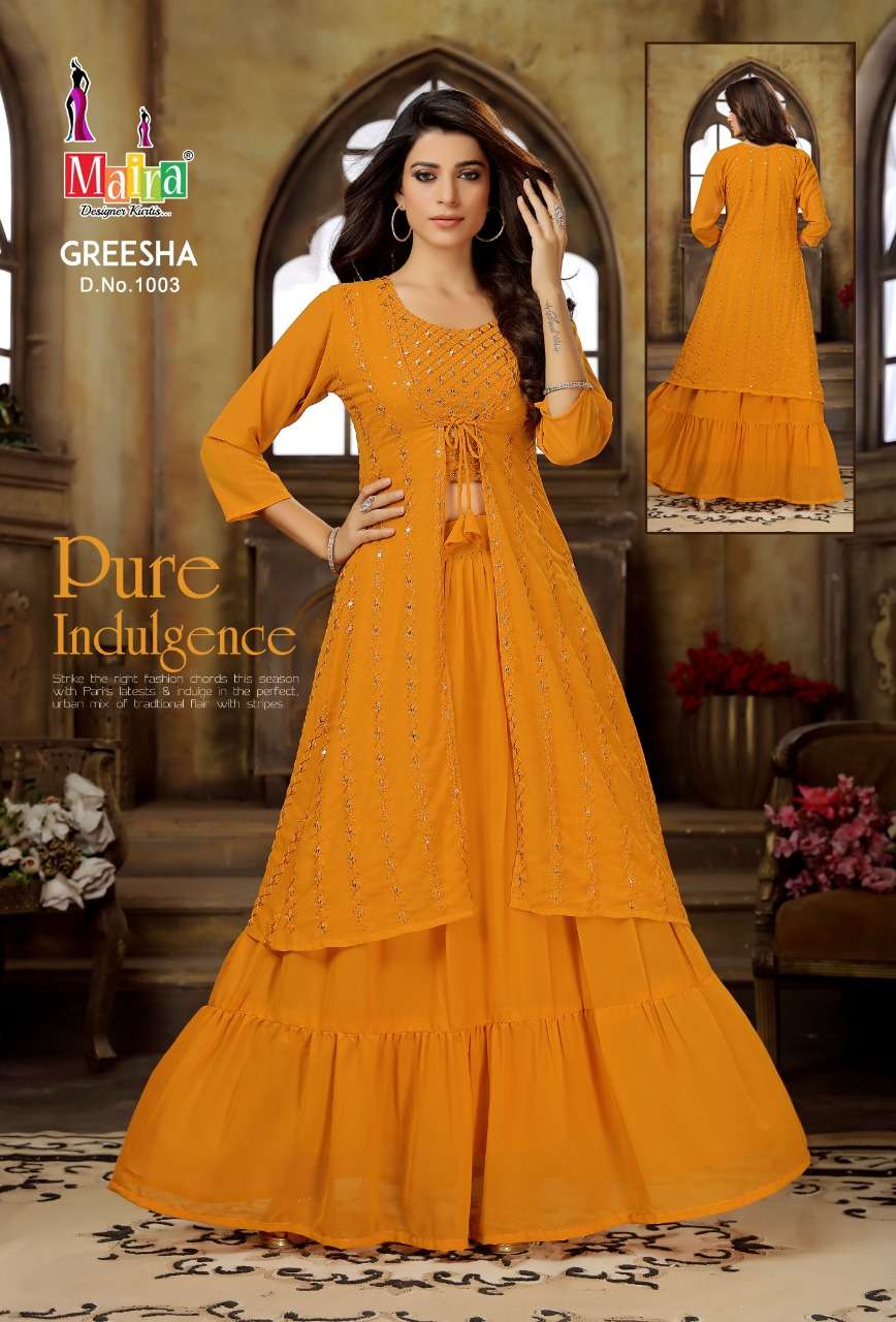 GREESHA BY MAIRA 1001 TO 1006 SERIES DESIGNER STYLISH FANCY COLORFUL BEAUTIFUL PARTY WEAR & ETHNIC WEAR COLLECTION HEAVY GEORGETTE TOPS WITH BOTTOM AT WHOLESALE PRICE