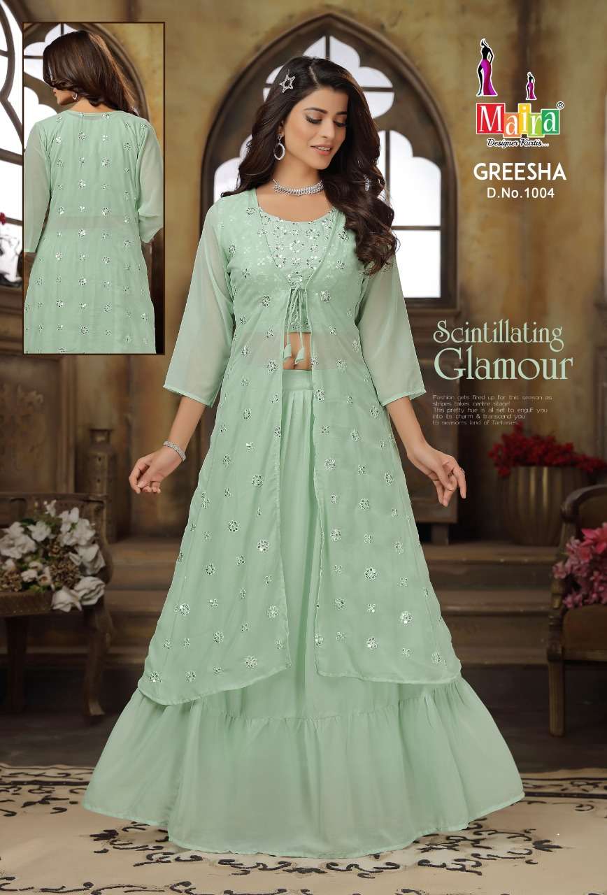 GREESHA BY MAIRA 1001 TO 1006 SERIES DESIGNER STYLISH FANCY COLORFUL BEAUTIFUL PARTY WEAR & ETHNIC WEAR COLLECTION HEAVY GEORGETTE TOPS WITH BOTTOM AT WHOLESALE PRICE