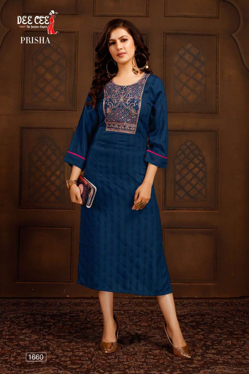 PRISHA BY DEE CEE 1658 TO 1665 SERIES DESIGNER STYLISH FANCY COLORFUL BEAUTIFUL PARTY WEAR & ETHNIC WEAR COLLECTION HEAVY RAYON KURTIS AT WHOLESALE PRICE