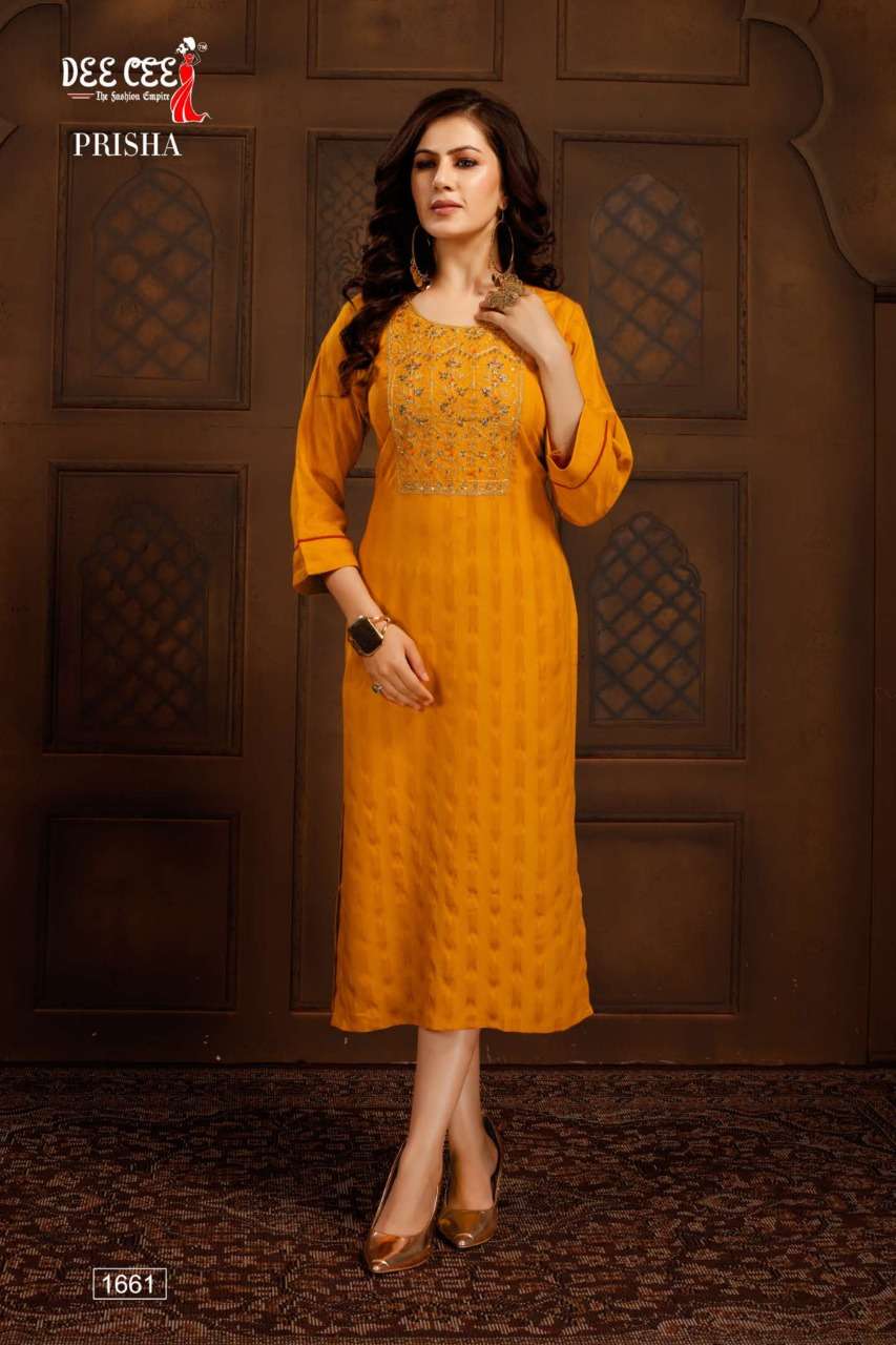 PRISHA BY DEE CEE 1658 TO 1665 SERIES DESIGNER STYLISH FANCY COLORFUL BEAUTIFUL PARTY WEAR & ETHNIC WEAR COLLECTION HEAVY RAYON KURTIS AT WHOLESALE PRICE