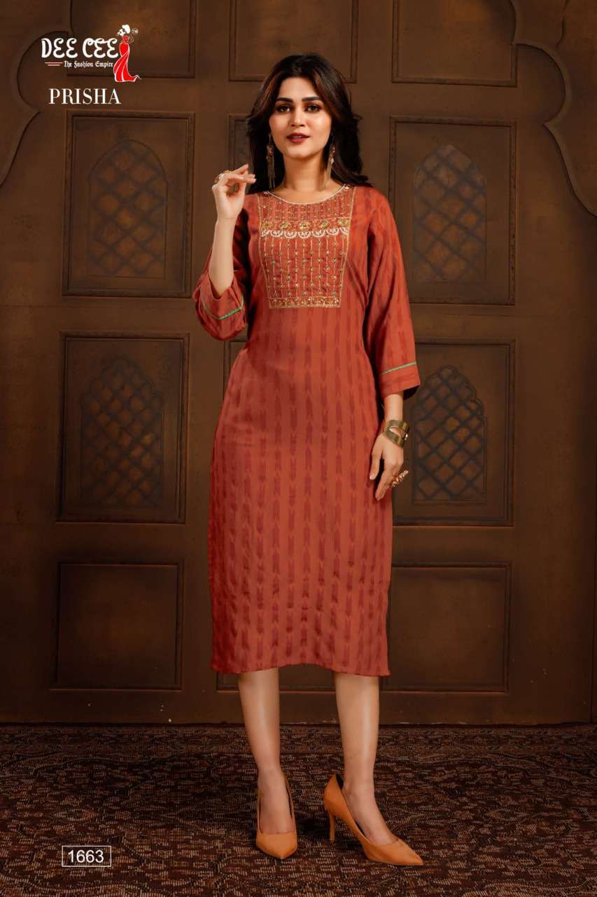 PRISHA BY DEE CEE 1658 TO 1665 SERIES DESIGNER STYLISH FANCY COLORFUL BEAUTIFUL PARTY WEAR & ETHNIC WEAR COLLECTION HEAVY RAYON KURTIS AT WHOLESALE PRICE