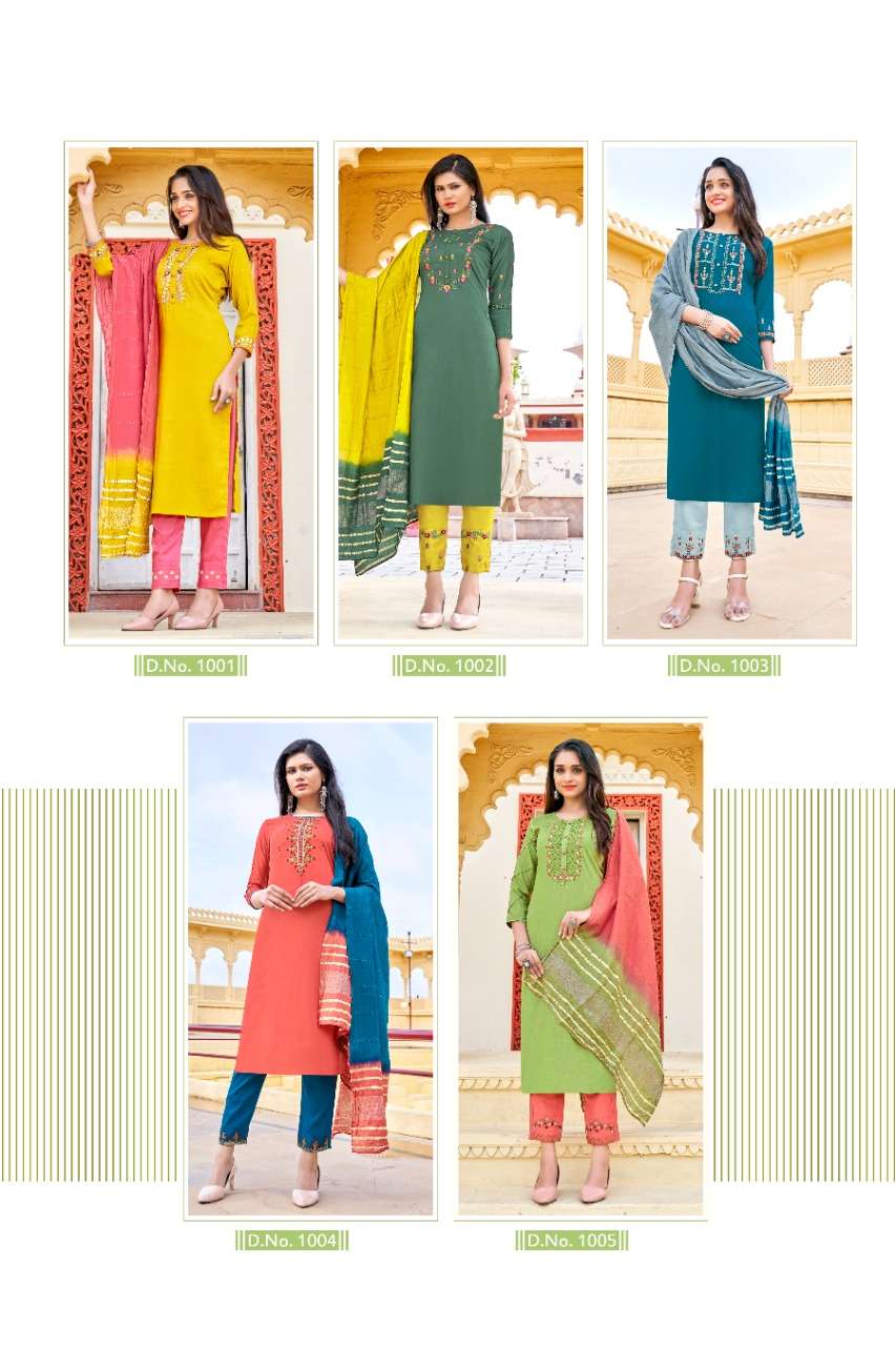KALAVATI BY KRISHA EXPORTS 5001 TO 5005 SERIES BEAUTIFUL SUITS COLORFUL STYLISH FANCY CASUAL WEAR & ETHNIC WEAR CHINNON EMBROIDERED DRESSES AT WHOLESALE PRICE