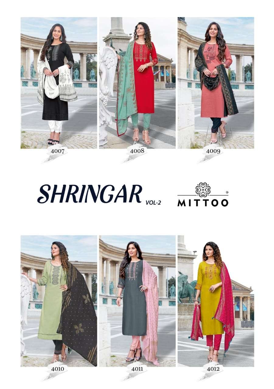 SHRINGAR VOL-2 BY MITTOO 4007 TO 4012 SERIES BEAUTIFUL SUITS COLORFUL STYLISH FANCY CASUAL WEAR & ETHNIC WEAR VISCOSE EMBROIDERED DRESSES AT WHOLESALE PRICE