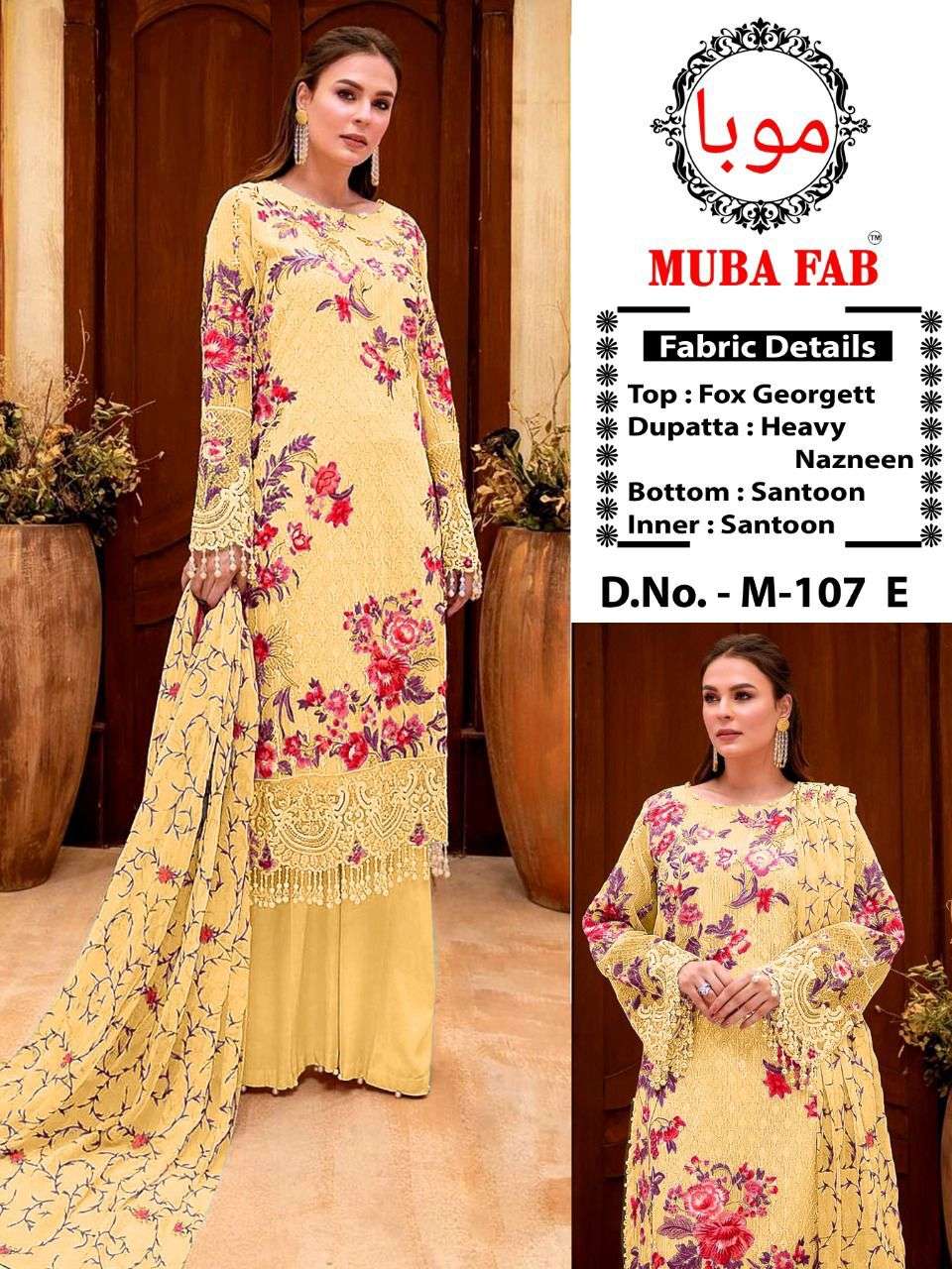 MUBA FAB 107 COLOURS BY MUBA FAB 107-A TO 107-E SERIES DESIGNER PAKISTANI SUITS BEAUTIFUL STYLISH FANCY COLORFUL PARTY WEAR & OCCASIONAL WEAR HEAVY FAUX GEORGETTE DRESSES AT WHOLESALE PRICE