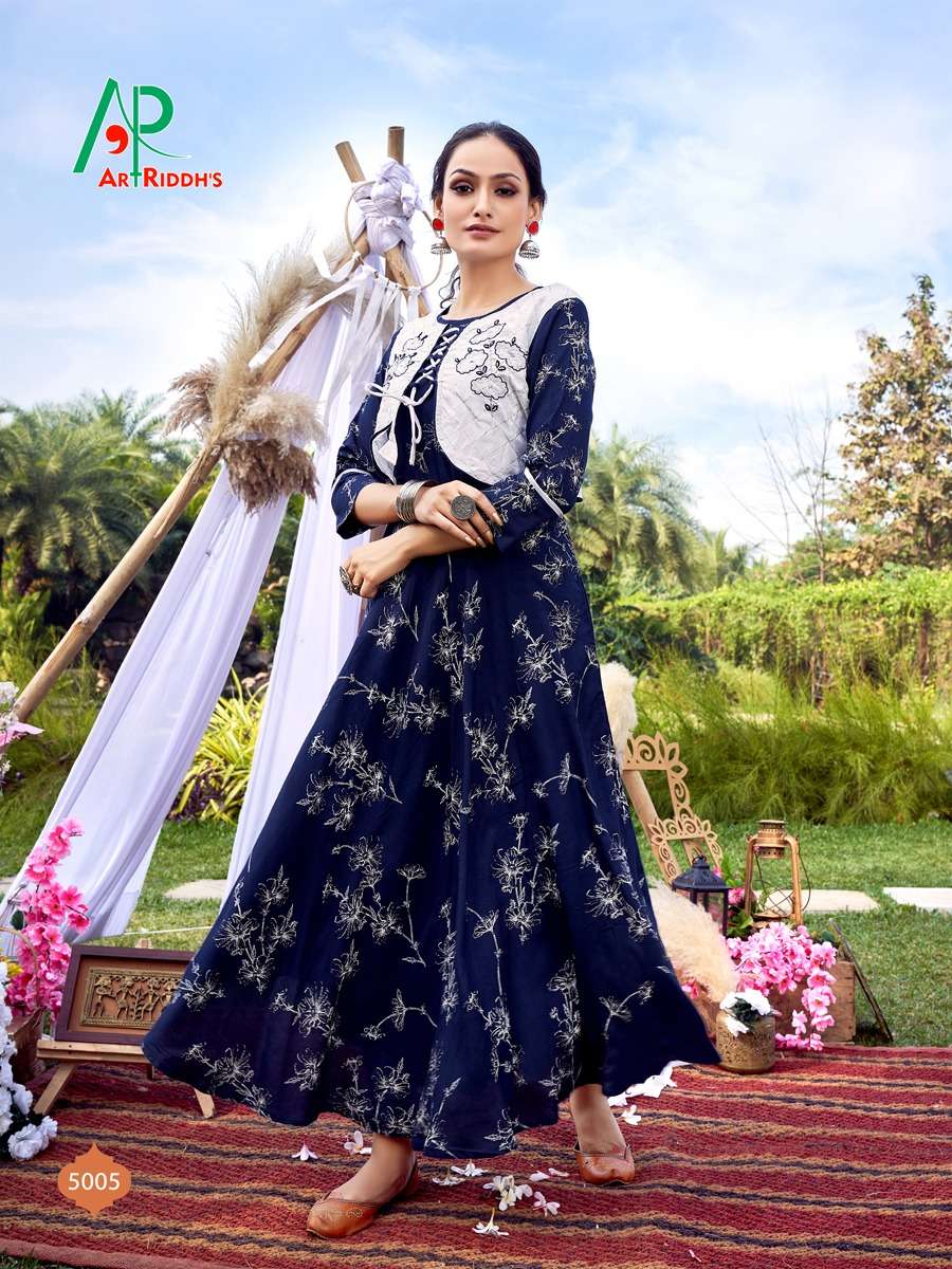 GOLDEN DUCK BY ART RIDDHS 5001 TO 5005 SERIES DESIGNER STYLISH FANCY COLORFUL BEAUTIFUL PARTY WEAR & ETHNIC WEAR COLLECTION RAYON PRINT KURTIS WITH JACKET AT WHOLESALE PRICE