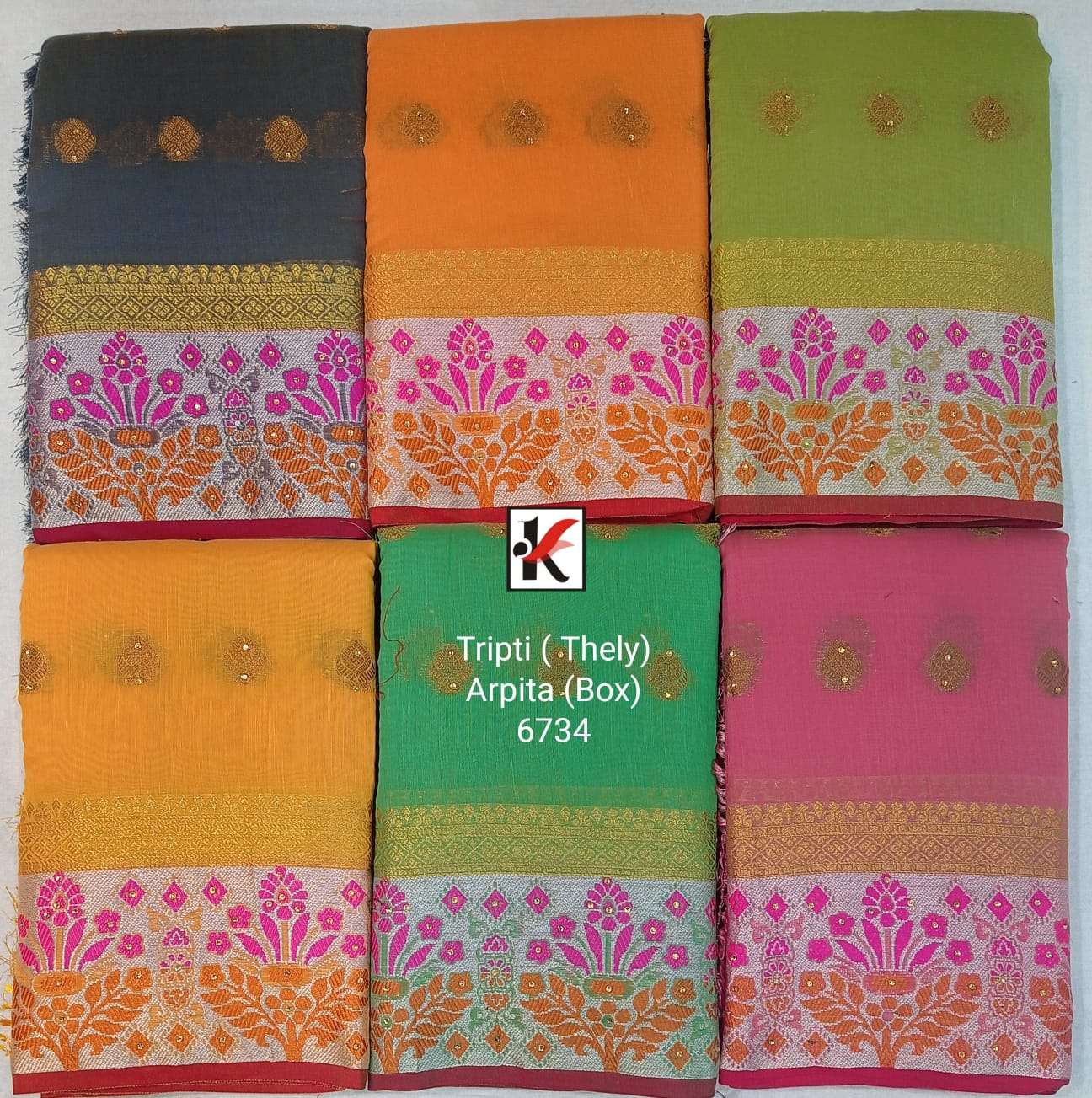 TRIPTI 6734 BY KODAS 6734-A TO 6734-F SERIES INDIAN TRADITIONAL WEAR COLLECTION BEAUTIFUL STYLISH FANCY COLORFUL PARTY WEAR & OCCASIONAL WEAR COTTON SAREES AT WHOLESALE PRICE
