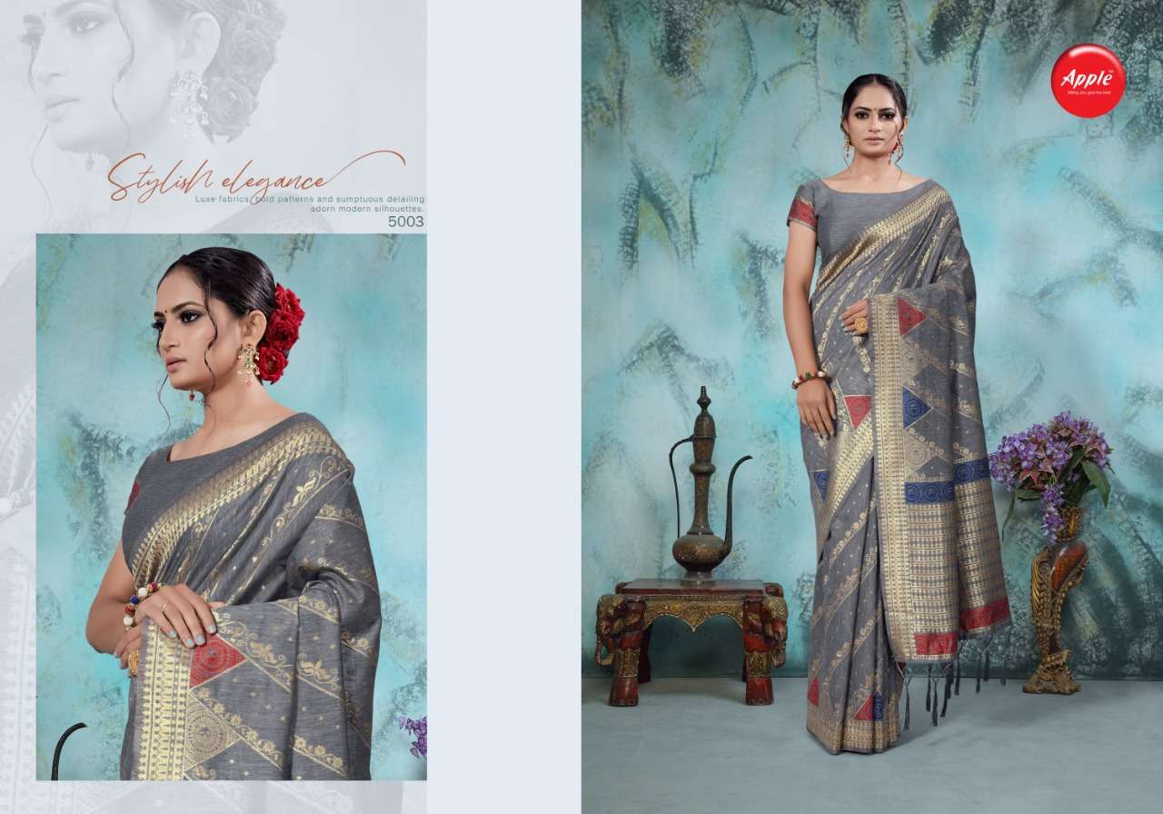 NAVIBHU VOL-5 BY APPLE 5001 TO 5009 SERIES INDIAN TRADITIONAL WEAR COLLECTION BEAUTIFUL STYLISH FANCY COLORFUL PARTY WEAR & OCCASIONAL WEAR HANDLOOM SILK SAREES AT WHOLESALE PRICE