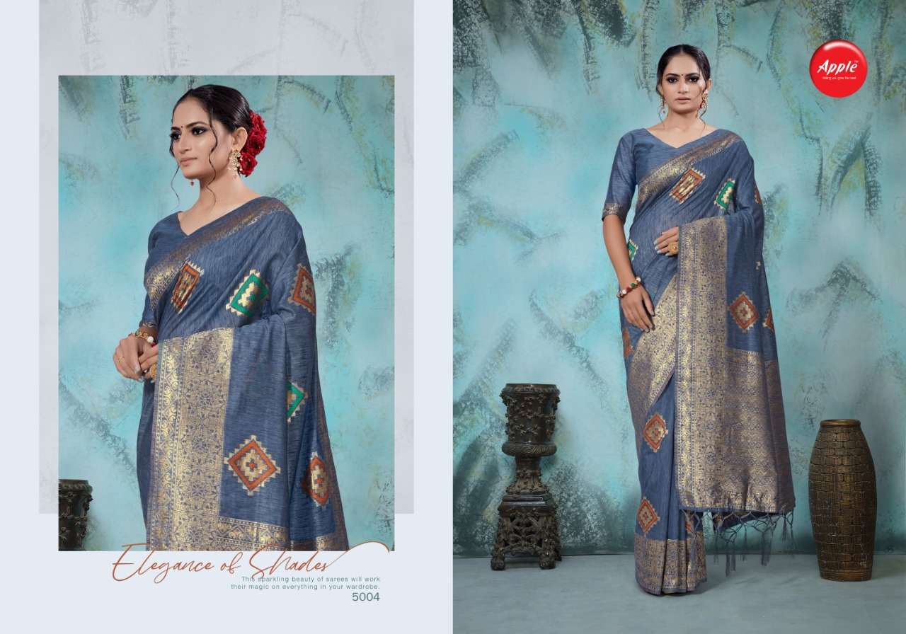 NAVIBHU VOL-5 BY APPLE 5001 TO 5009 SERIES INDIAN TRADITIONAL WEAR COLLECTION BEAUTIFUL STYLISH FANCY COLORFUL PARTY WEAR & OCCASIONAL WEAR HANDLOOM SILK SAREES AT WHOLESALE PRICE