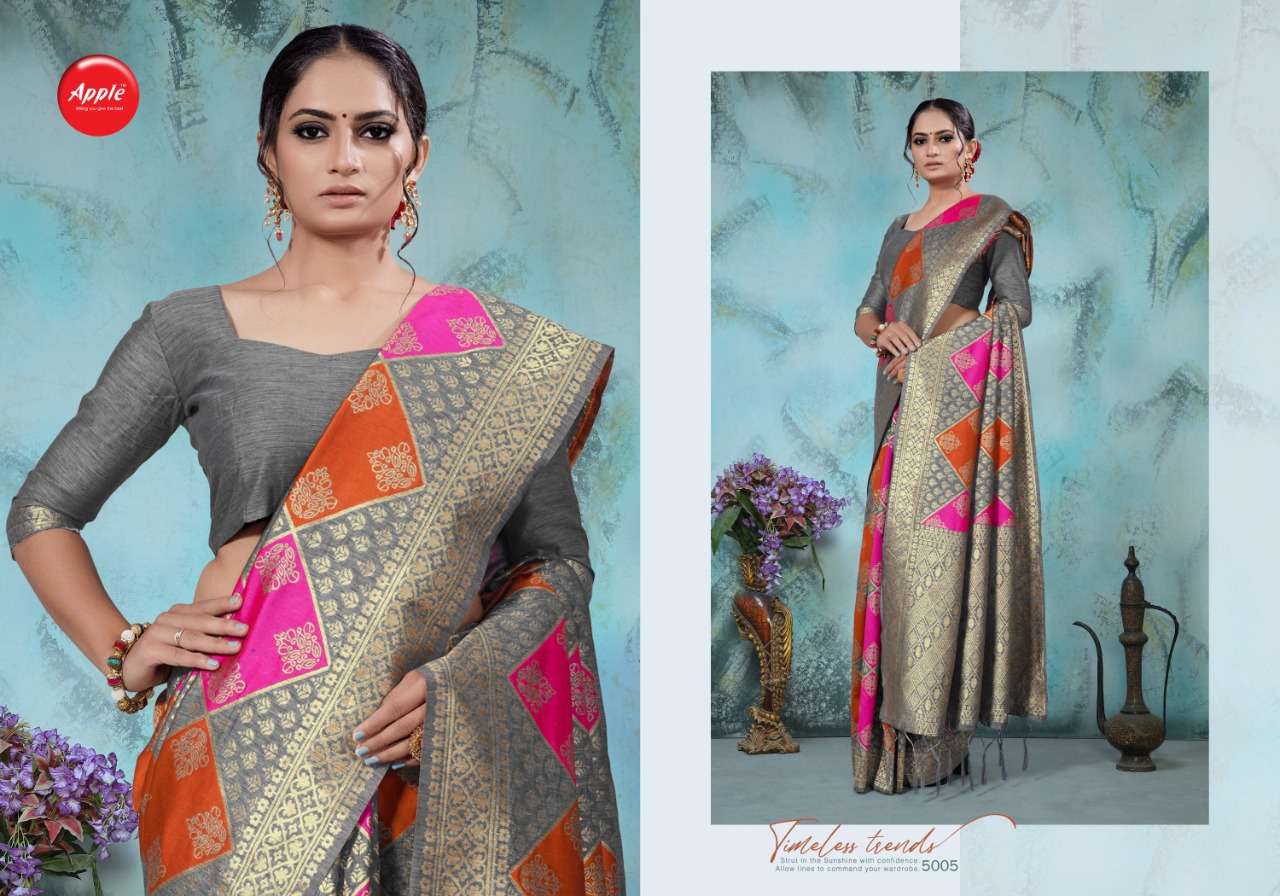 NAVIBHU VOL-5 BY APPLE 5001 TO 5009 SERIES INDIAN TRADITIONAL WEAR COLLECTION BEAUTIFUL STYLISH FANCY COLORFUL PARTY WEAR & OCCASIONAL WEAR HANDLOOM SILK SAREES AT WHOLESALE PRICE