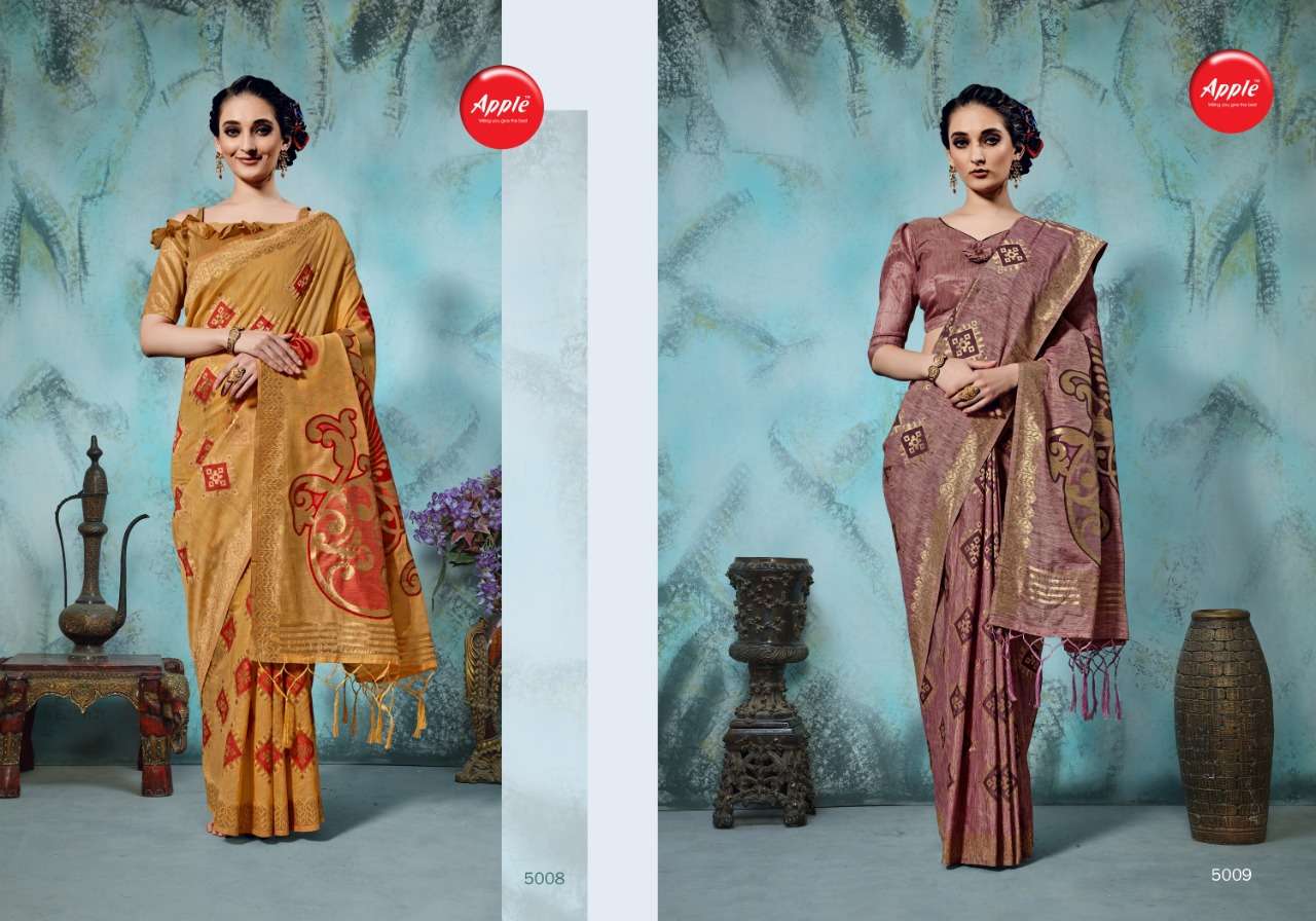 NAVIBHU VOL-5 BY APPLE 5001 TO 5009 SERIES INDIAN TRADITIONAL WEAR COLLECTION BEAUTIFUL STYLISH FANCY COLORFUL PARTY WEAR & OCCASIONAL WEAR HANDLOOM SILK SAREES AT WHOLESALE PRICE