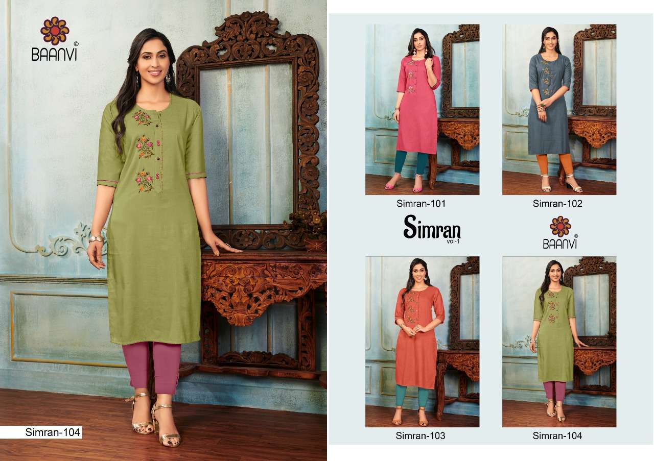 SIMRAN VOL-1 BY BAANVI 101 TO 104 SERIES DESIGNER STYLISH FANCY COLORFUL BEAUTIFUL PARTY WEAR & ETHNIC WEAR COLLECTION NAMO SLUB EMBROIDERY KURTIS AT WHOLESALE PRICE