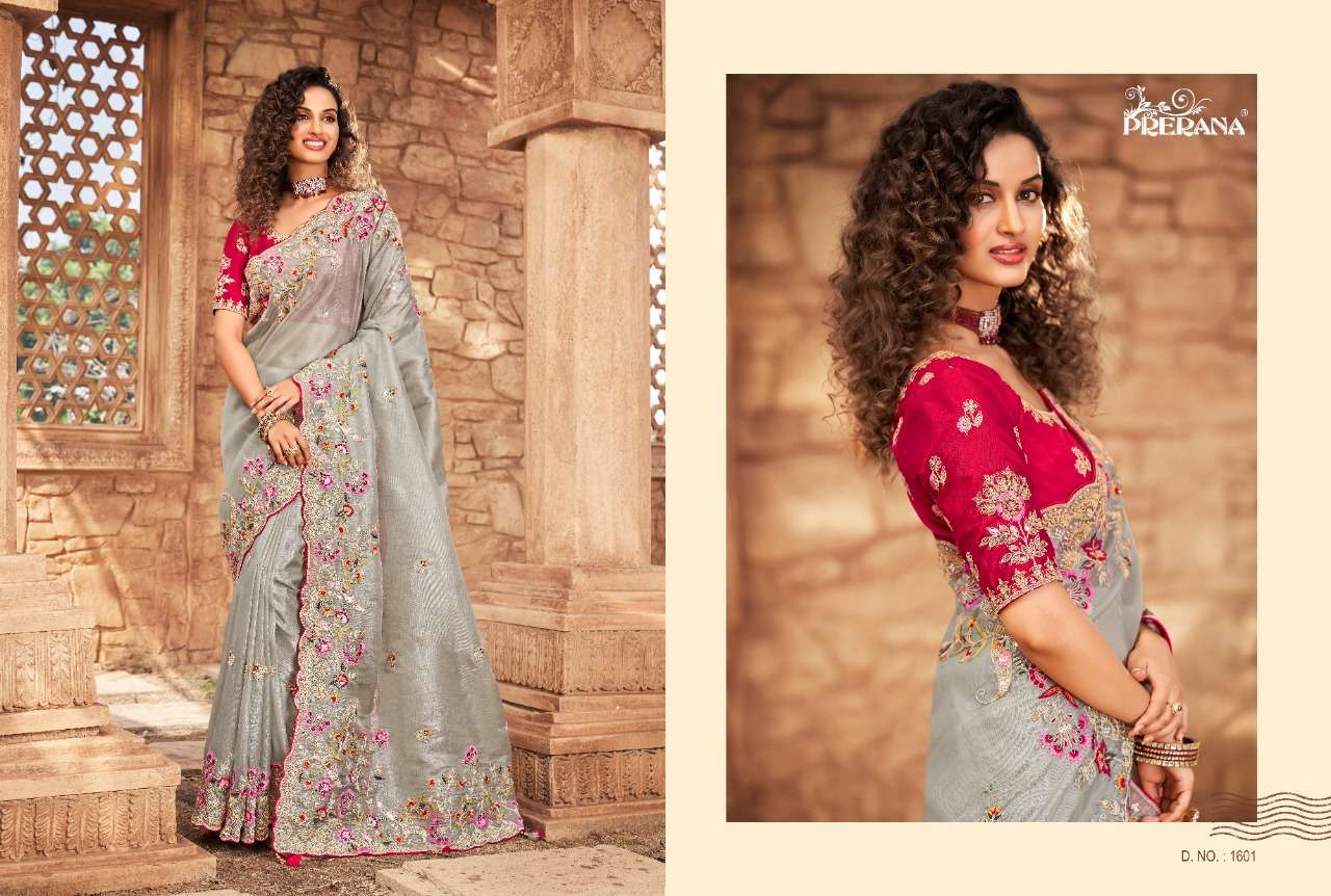 PRERANA 1601 SERIES BY PRERANA 1601 TO 1609 SERIES INDIAN TRADITIONAL WEAR COLLECTION BEAUTIFUL STYLISH FANCY COLORFUL PARTY WEAR & OCCASIONAL WEAR ORGANZA SAREES AT WHOLESALE PRICE
