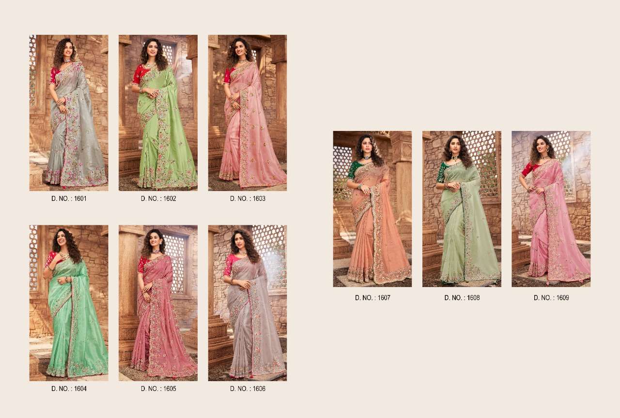 PRERANA 1601 SERIES BY PRERANA 1601 TO 1609 SERIES INDIAN TRADITIONAL WEAR COLLECTION BEAUTIFUL STYLISH FANCY COLORFUL PARTY WEAR & OCCASIONAL WEAR ORGANZA SAREES AT WHOLESALE PRICE