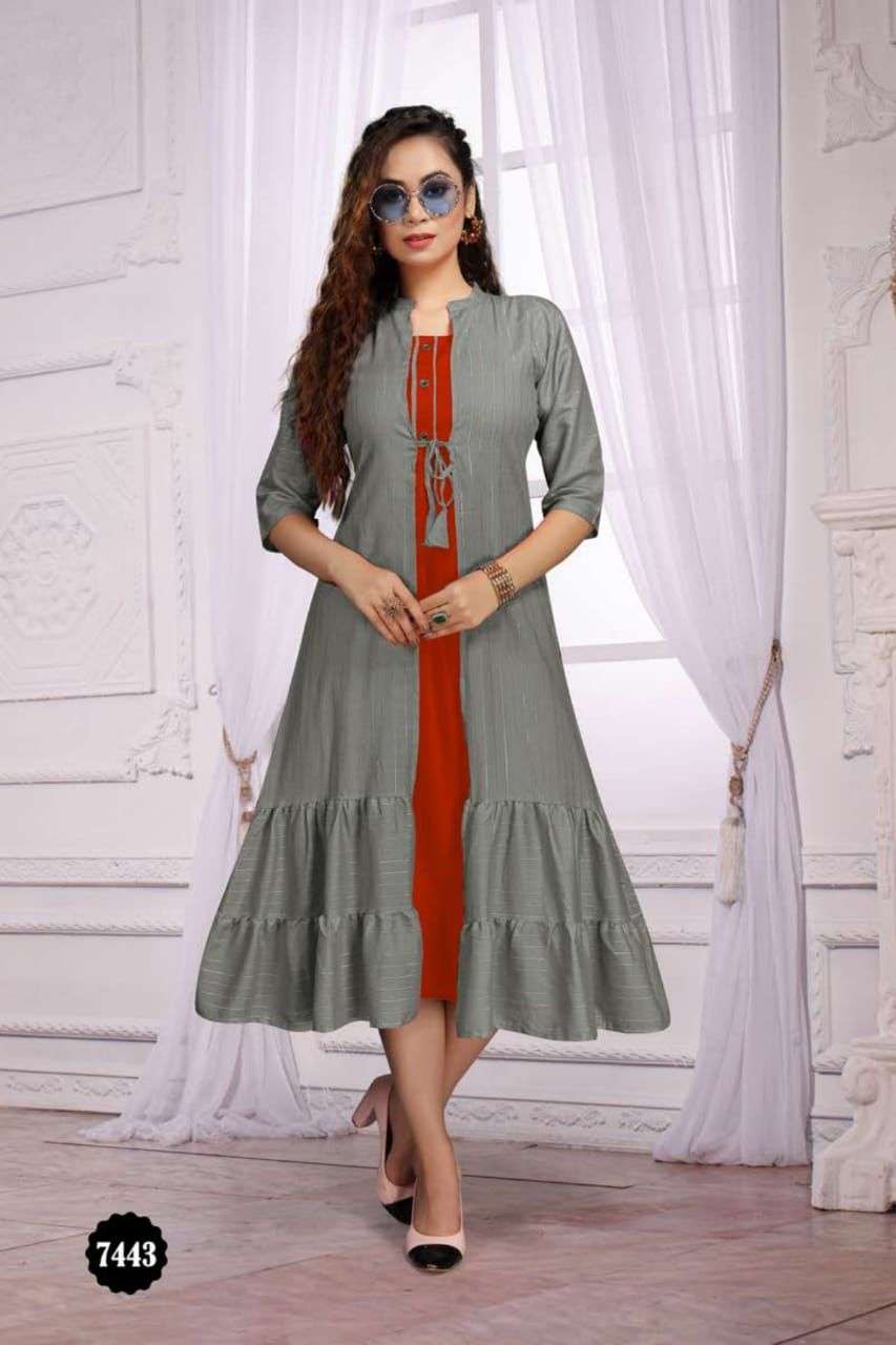 LADALI VOL-2 BY BEAUTY QUEEN 7443-A TO 7443-F SERIES DESIGNER STYLISH FANCY COLORFUL BEAUTIFUL PARTY WEAR & ETHNIC WEAR COLLECTION HEAVY RAYON KURTIS WITH JACKET AT WHOLESALE PRICE