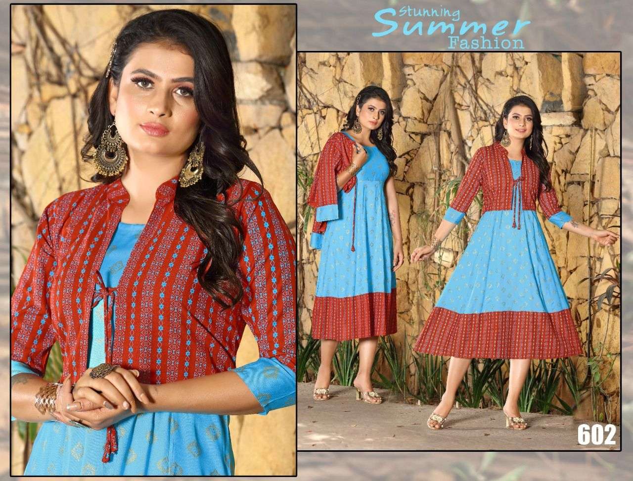 URBAN BEAUTY BY BEAUTY QUEEN 601 TO 608 SERIES DESIGNER STYLISH FANCY COLORFUL BEAUTIFUL PARTY WEAR & ETHNIC WEAR COLLECTION RAYON PRINT KURTIS WITH JACKET AT WHOLESALE PRICE