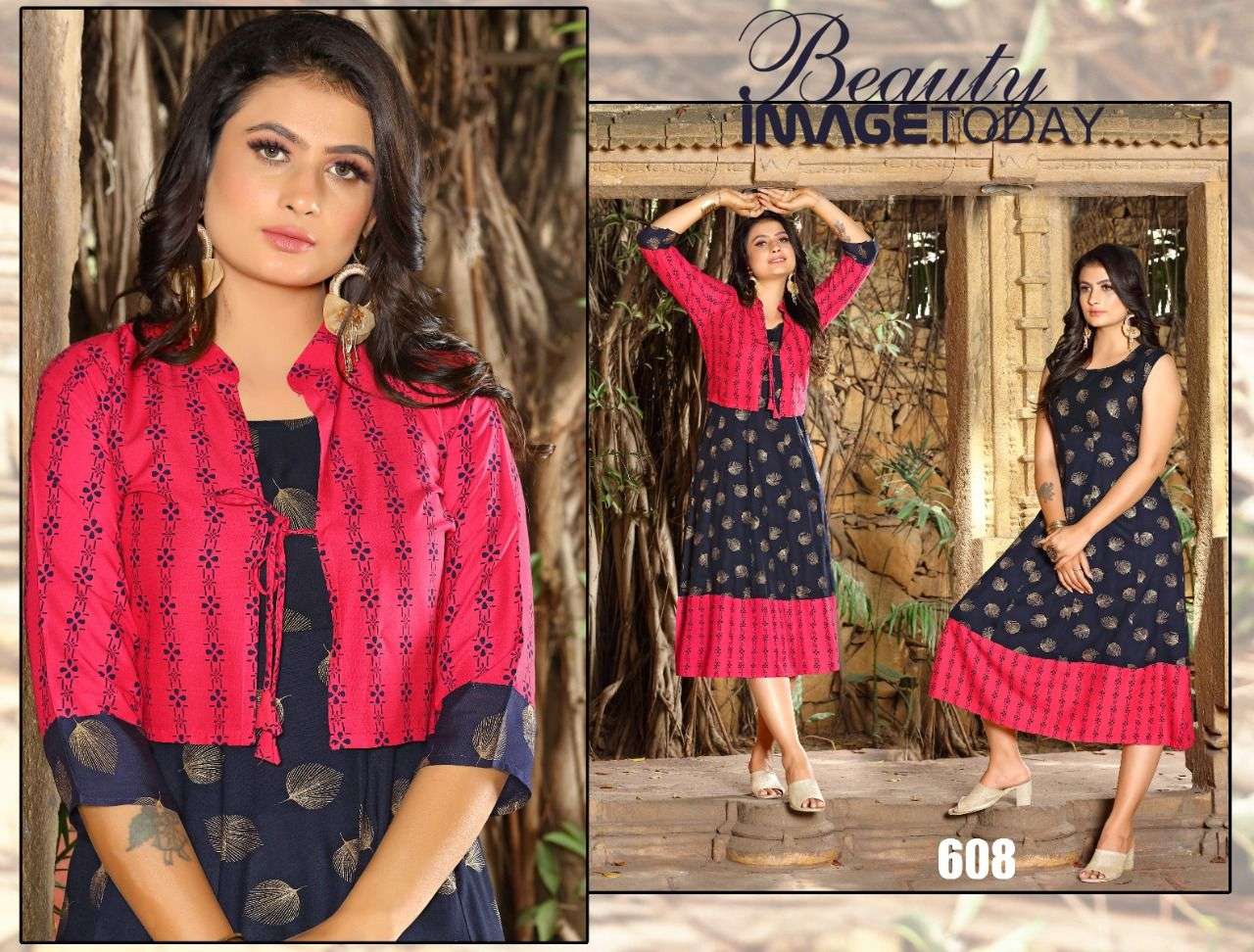 URBAN BEAUTY BY BEAUTY QUEEN 601 TO 608 SERIES DESIGNER STYLISH FANCY COLORFUL BEAUTIFUL PARTY WEAR & ETHNIC WEAR COLLECTION RAYON PRINT KURTIS WITH JACKET AT WHOLESALE PRICE