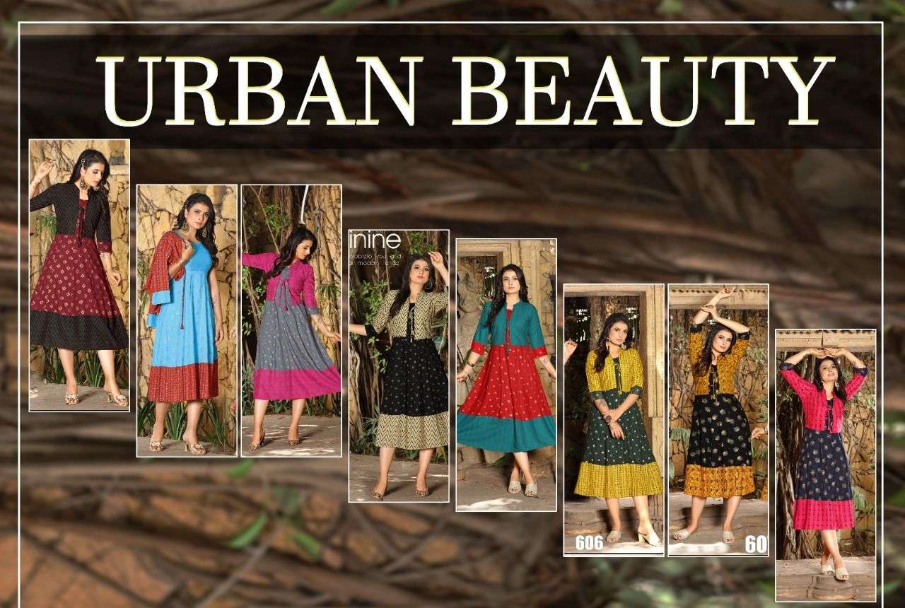 URBAN BEAUTY BY BEAUTY QUEEN 601 TO 608 SERIES DESIGNER STYLISH FANCY COLORFUL BEAUTIFUL PARTY WEAR & ETHNIC WEAR COLLECTION RAYON PRINT KURTIS WITH JACKET AT WHOLESALE PRICE