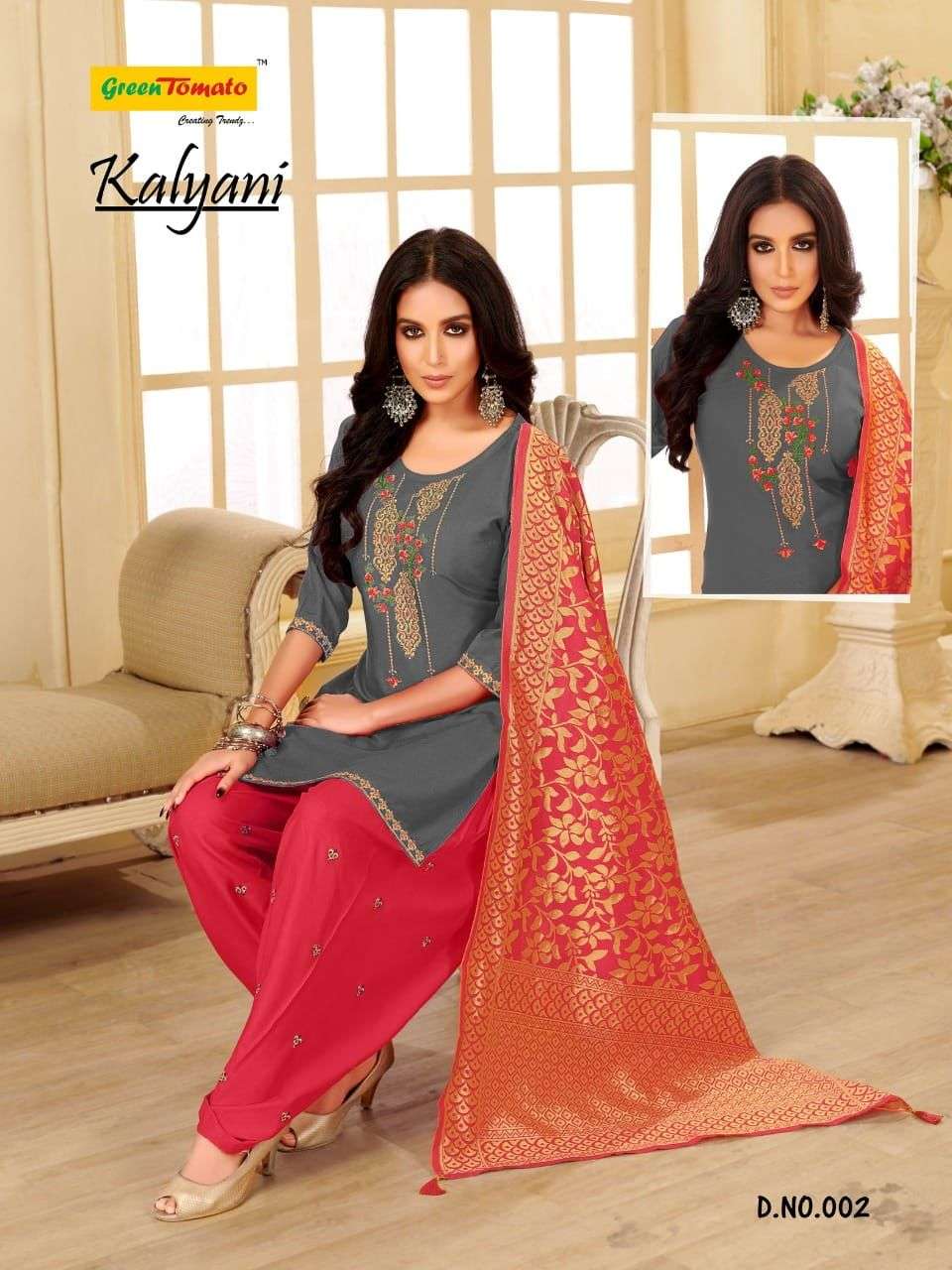 KALYANI BY GREEN TOMATO 001 TO 008 SERIES BEAUTIFUL PATIYALA SUITS COLORFUL STYLISH FANCY CASUAL WEAR & ETHNIC WEAR HEAVY RAYON EMBOIDERED DRESSES AT WHOLESALE PRICE
