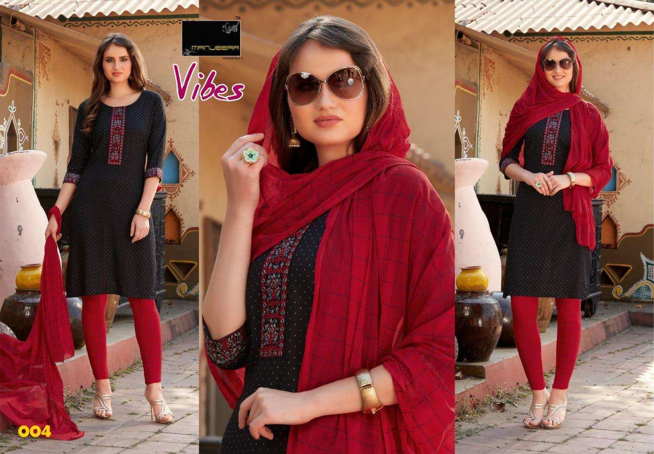 VIBES BY MANJEERA 101 TO 108 SERIES BEAUTIFUL SUITS COLORFUL STYLISH FANCY CASUAL WEAR & ETHNIC WEAR RAYON PRINT WITH WORK DRESSES AT WHOLESALE PRICE