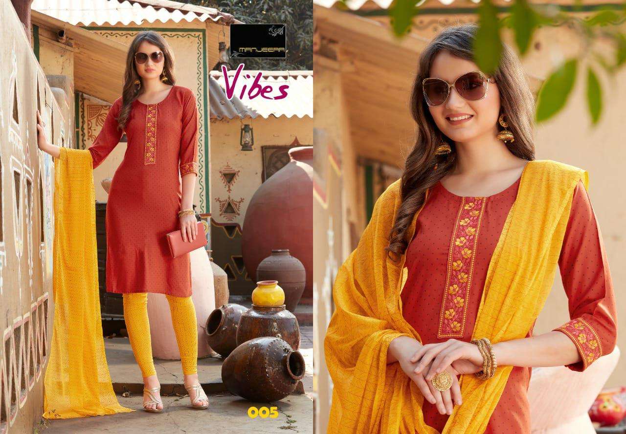 VIBES BY MANJEERA 101 TO 108 SERIES BEAUTIFUL SUITS COLORFUL STYLISH FANCY CASUAL WEAR & ETHNIC WEAR RAYON PRINT WITH WORK DRESSES AT WHOLESALE PRICE